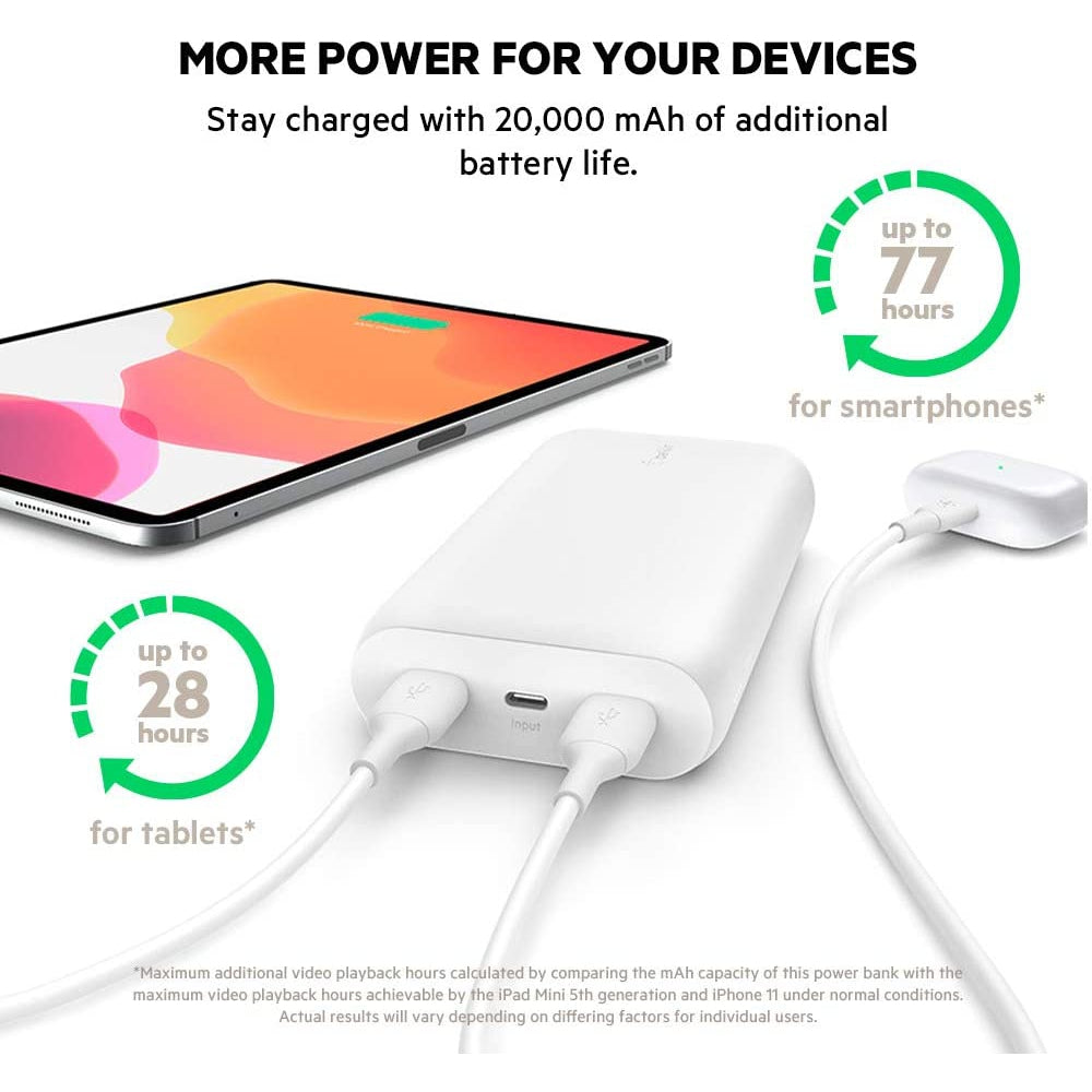 Belkin Boost Charge Power Bank 20K (Portable Charger with Dual USB Ports, 20000 mAh Capacity, Battery Pack) - White