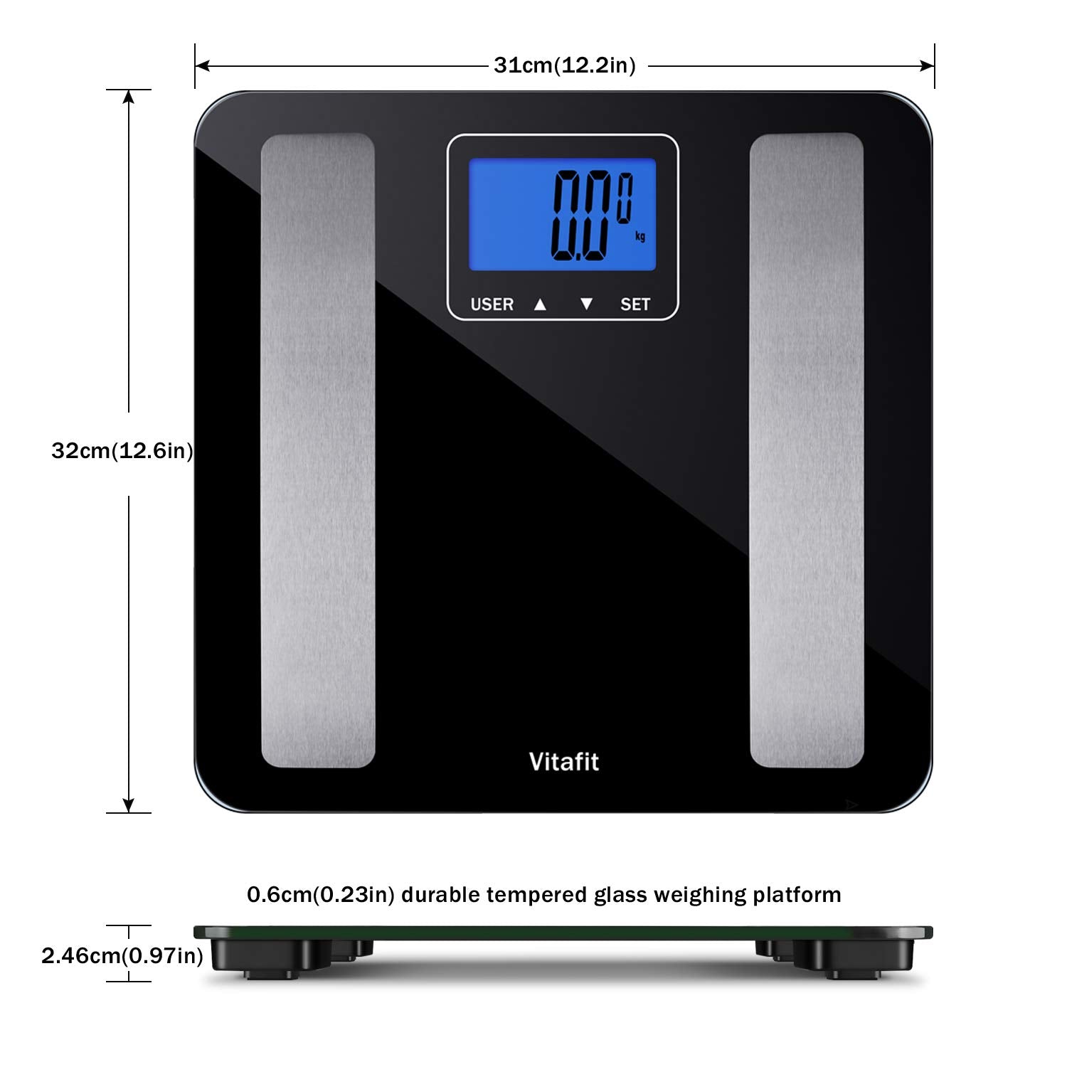 Vitafit Digital Body Fat Bathroom Scales Weighing Scales with tap on technology,5-180kg,Large LCD Screen, black
