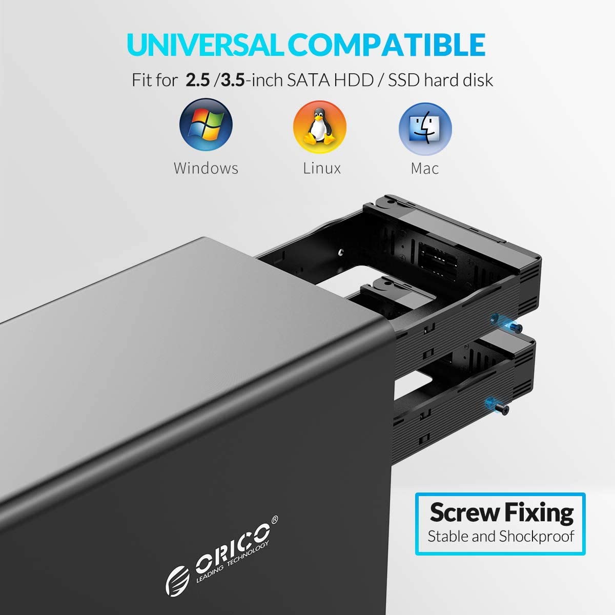 Orico 5 Bay USB 3.0 to SATA External Hard Drive Enclosure Support 80TB, 2.5/3.5 inch HDD SSD Enclosure Built-in 150W Power/Dual Chip