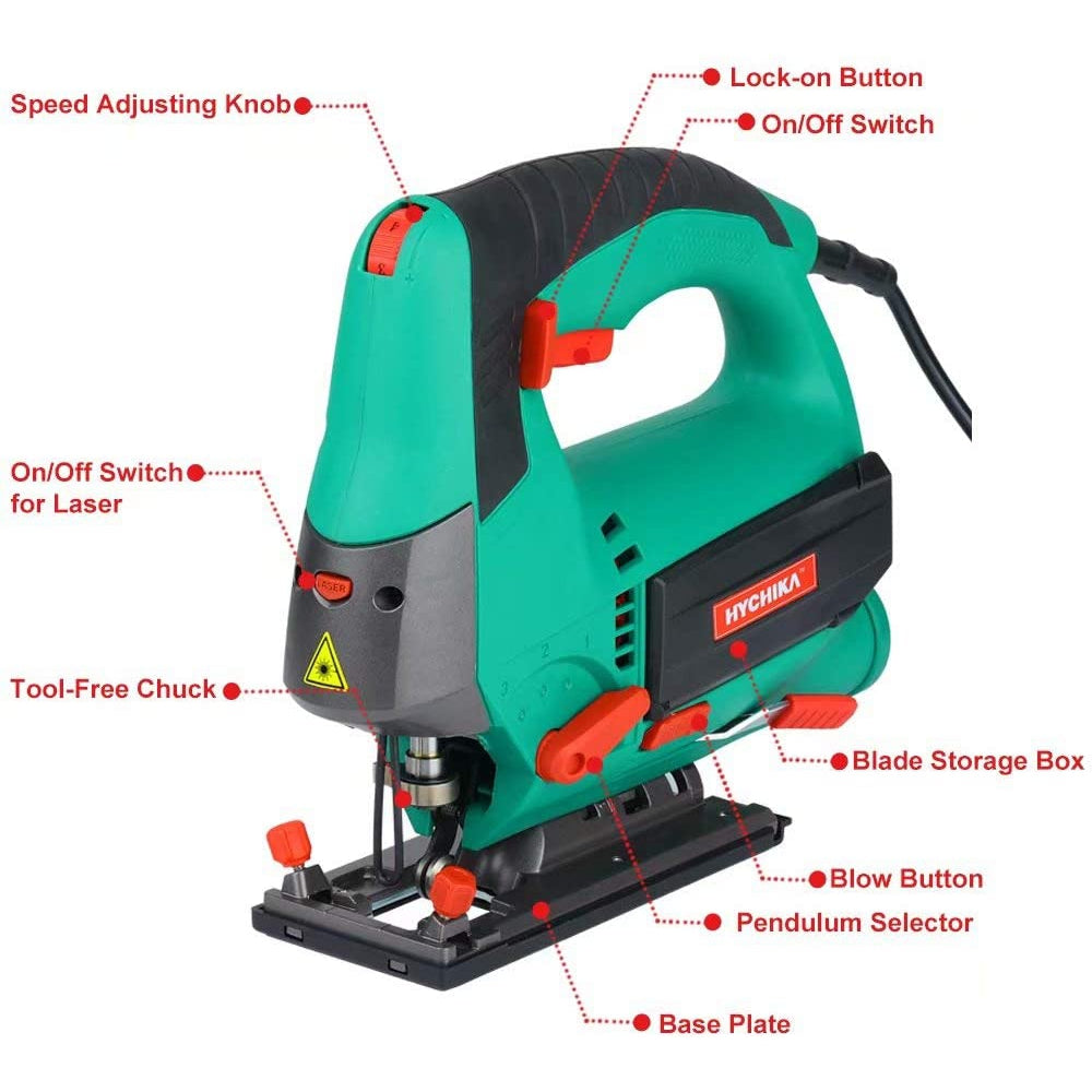 Hychika JS-100C Jigsaw, 800W Max Cutting Depth 110mm for Wood, 6 Variable Speeds
