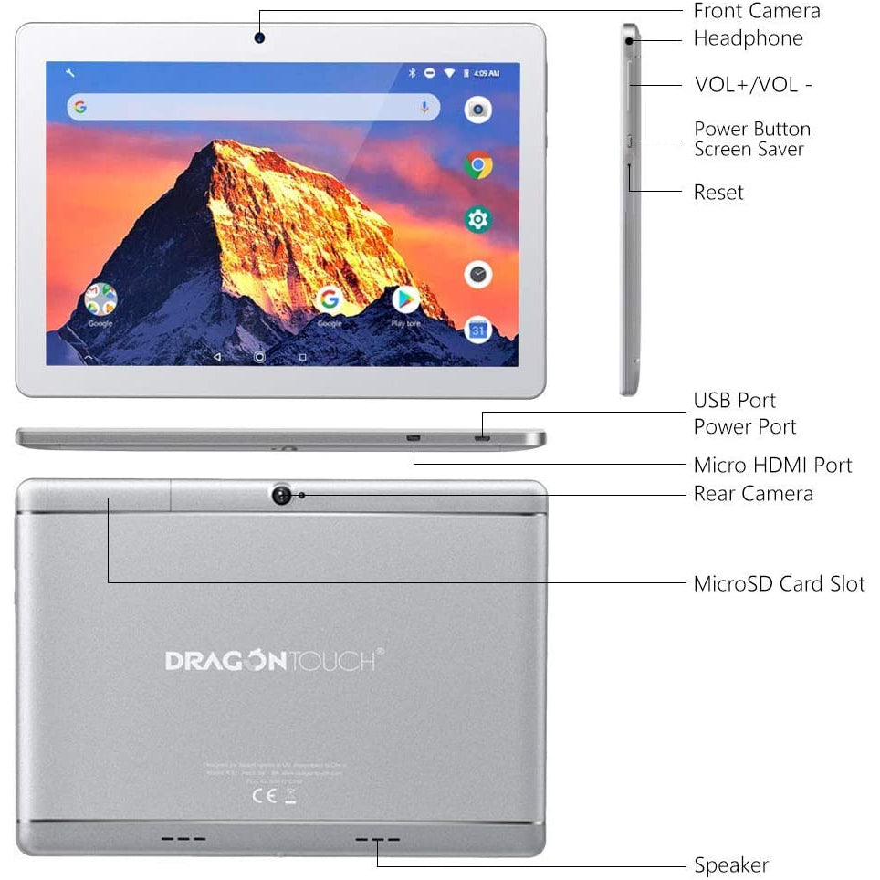 Dragon Touch 10 Inch Tablet,16GB ROM Storage, Quad-Core Processor, 10.1 IPS HD Display, Micro HDMI, Android Tablets 5G Wi-Fi, Sliver