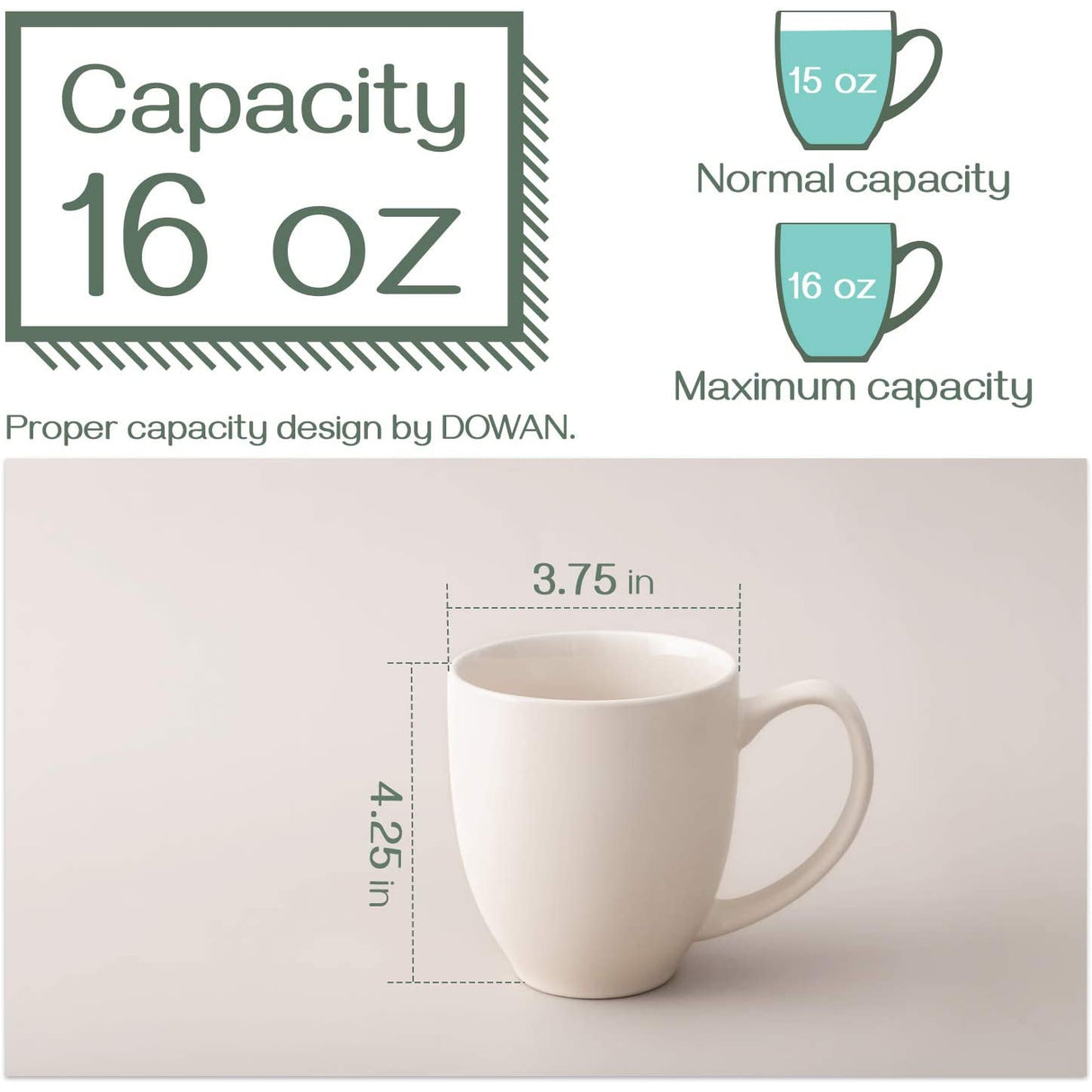 Dowan Coffee Mug Set, 16 OZ Coffee Mug Set of 6, Ceramic Mugs for Coffee, Tea, Cocoa, Matte Ivory