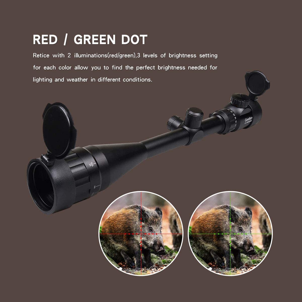 Goetland 6-24x50 AOEG Rifle Scope Red & Green Rangefinder Mil-Dot Illuminated Tactical Hunting with Mounts
