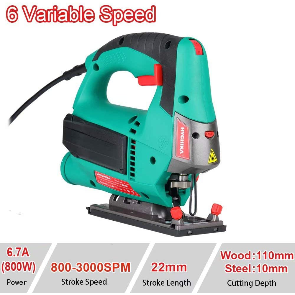 Hychika JS-100C Jigsaw, 800W Max Cutting Depth 110mm for Wood, 6 Variable Speeds