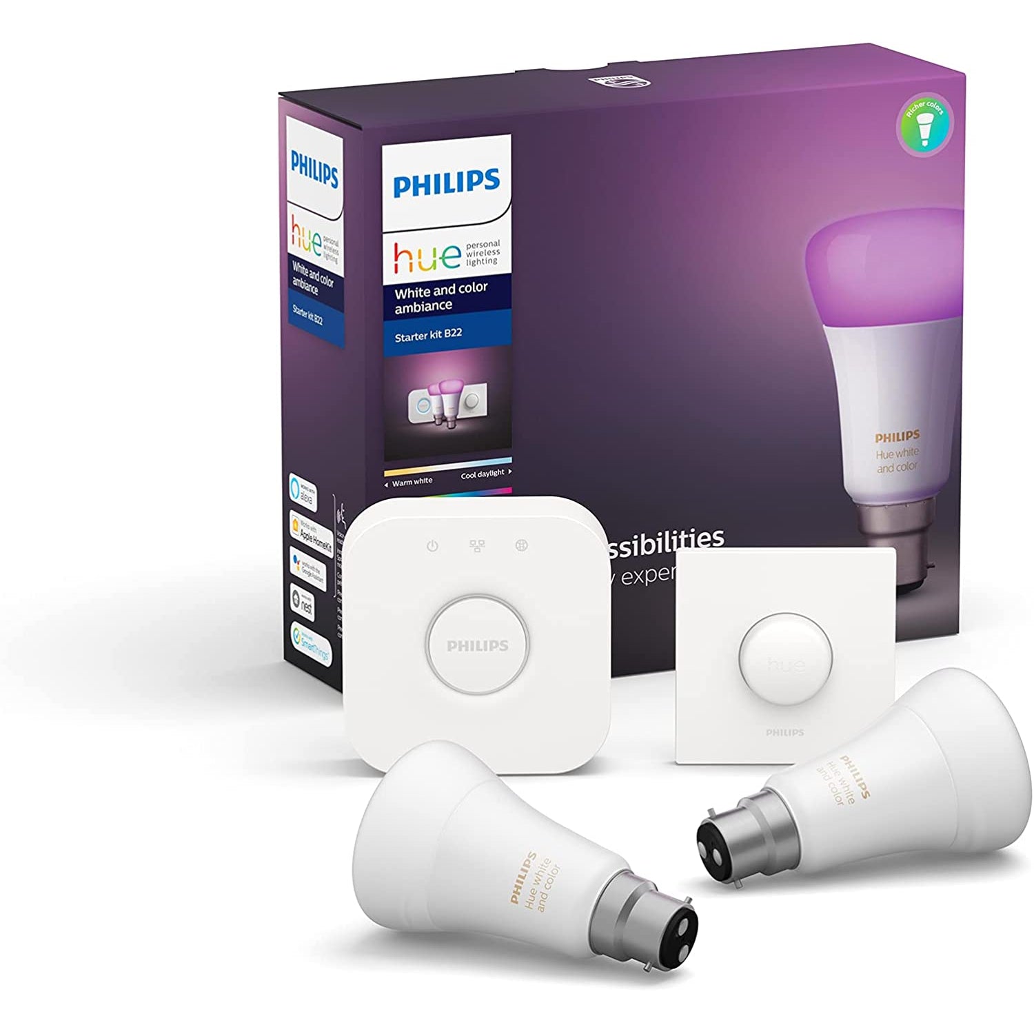 Philips Hue B22 White and Colour Ambience Dimmer Smart Starter Kit