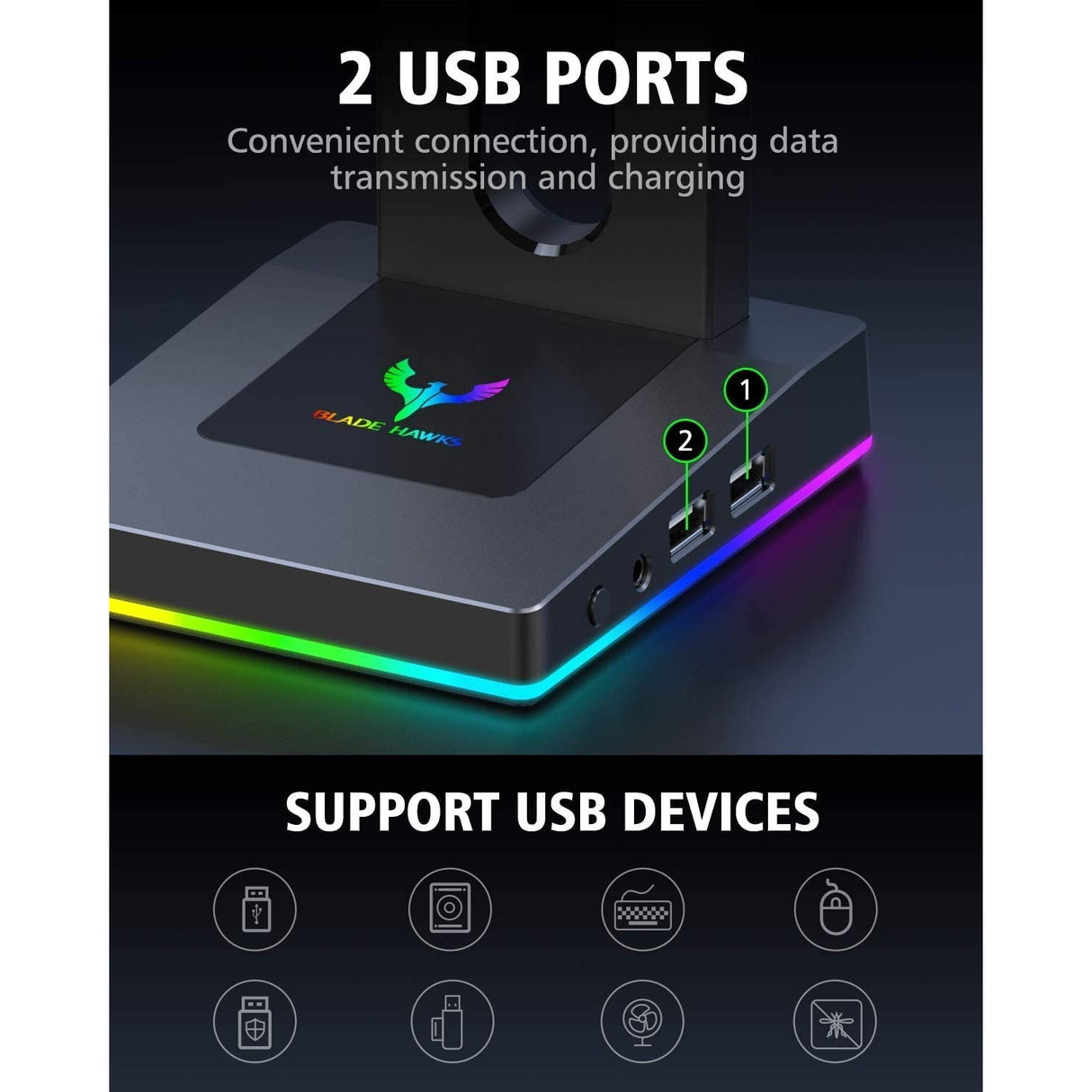 Blade Hawks RGB Gaming Headphone Stand with 3.5mm AUX and 2 USB Ports - HS18 (Only for PC)