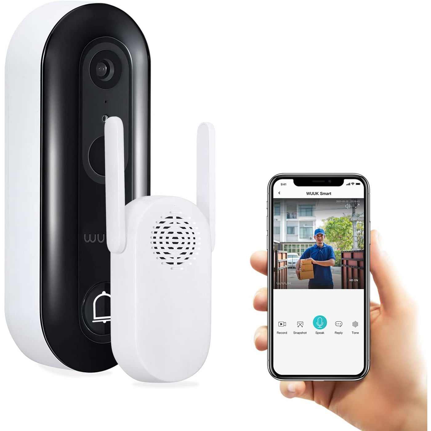 Wuuk Smart Doorbell Battery-Powered Video Security Wireless Doorbell Camera 2.4GHz WiFi, Motion Detector, 2-Way Audio, Night Vision