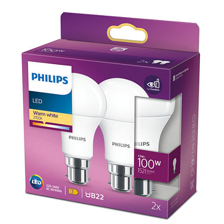 Philips 13W B22 A60 LED Non-Dimmable Classic Frosted Bulbs, Warm White, Pack of 2