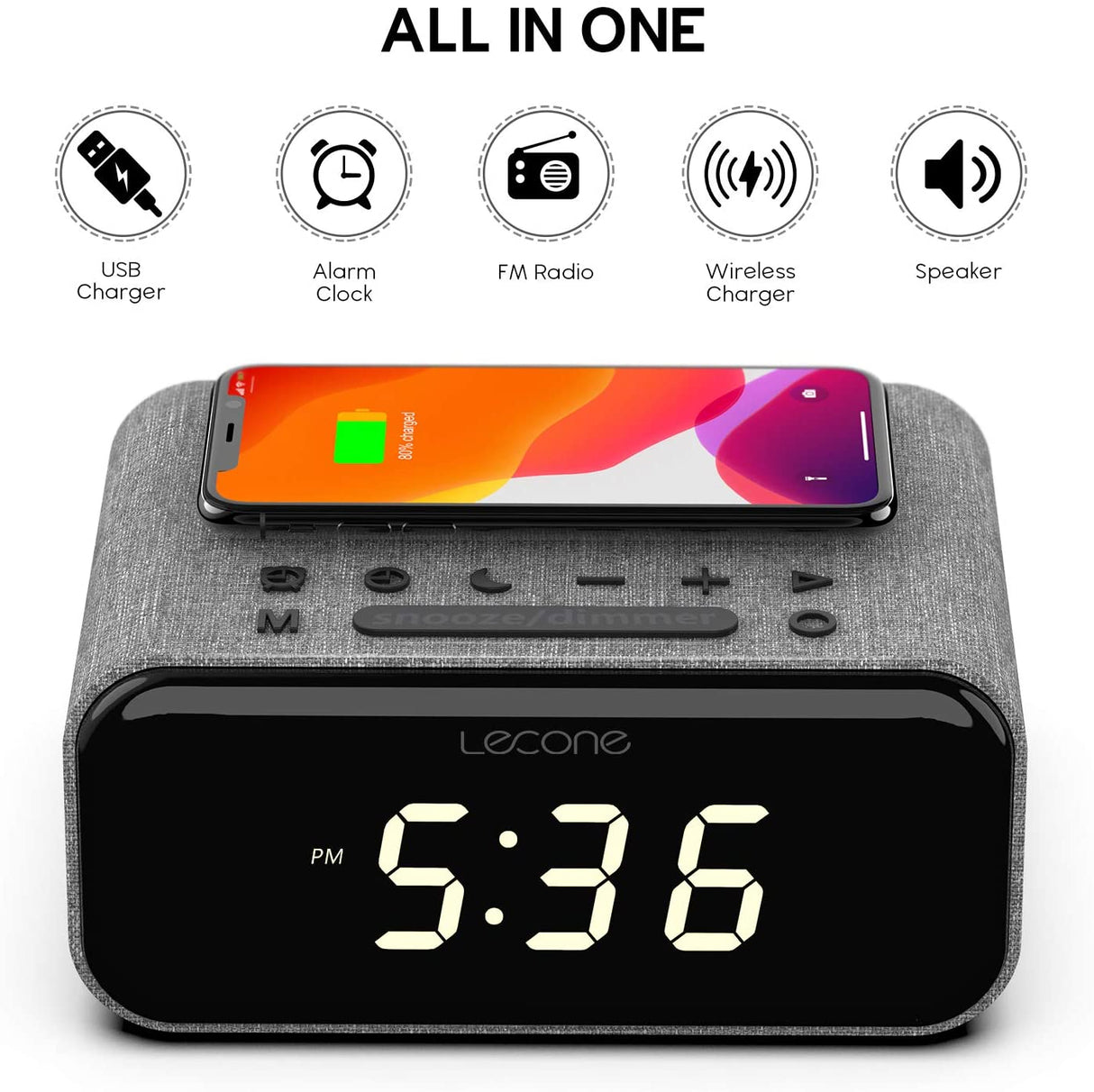 Lecone H620 Multifunctional Speaker with Wireless Charger & Clock