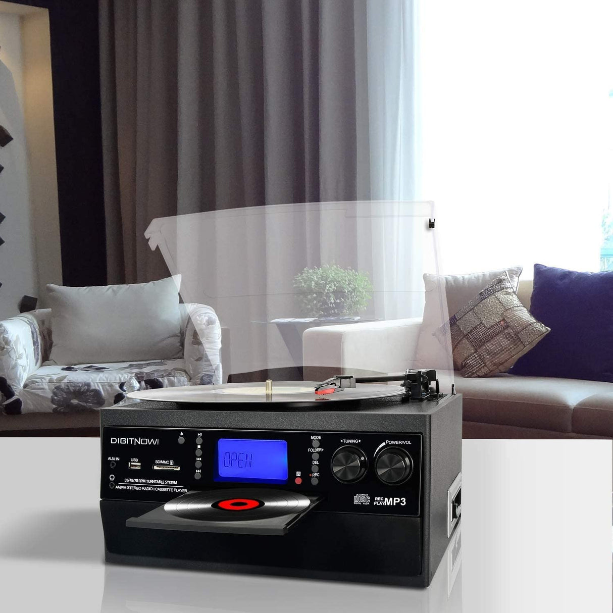 DIGITNOW! Bluetooth Vinyl Record Player Turntable, CD, Cassette, AM/FM Radio and Aux in with USB Port & SD Encoding - Black