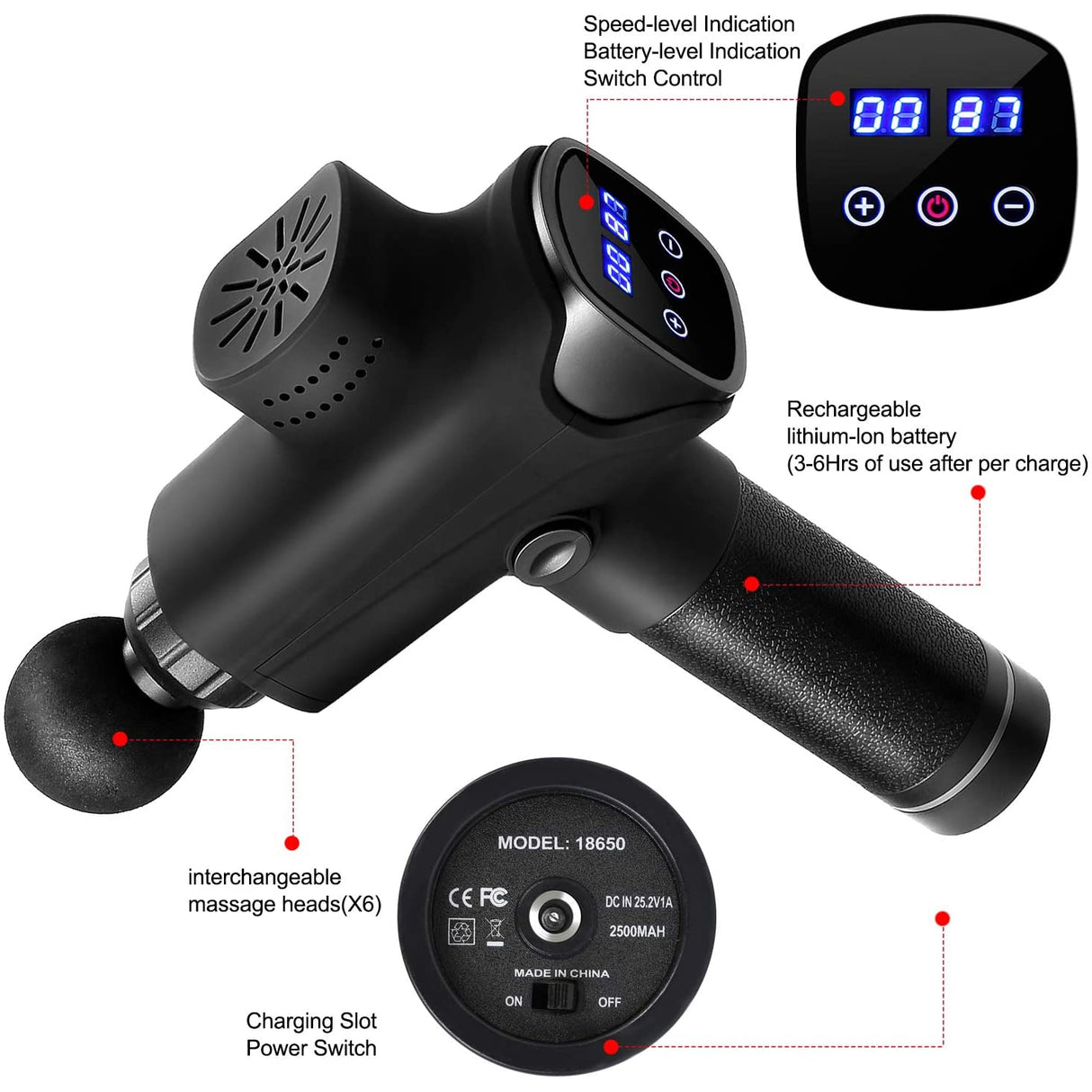 Ysimee Hand-Held Deep Tissue Muscle Massager with 30 Speeds, 6 Massage Heads & Ultra-Quiet Technology