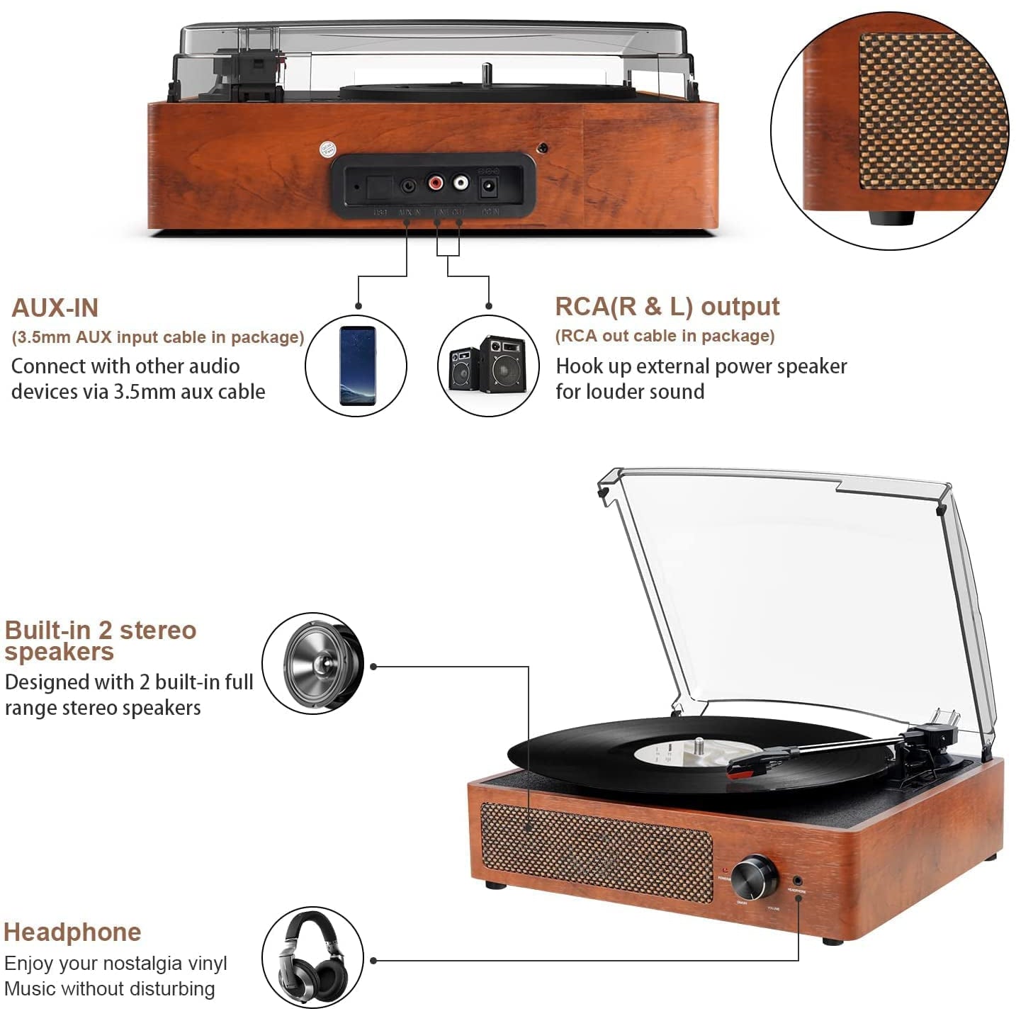 Wireless Turntable Player & Vinyl Record Player - Wooden Finish