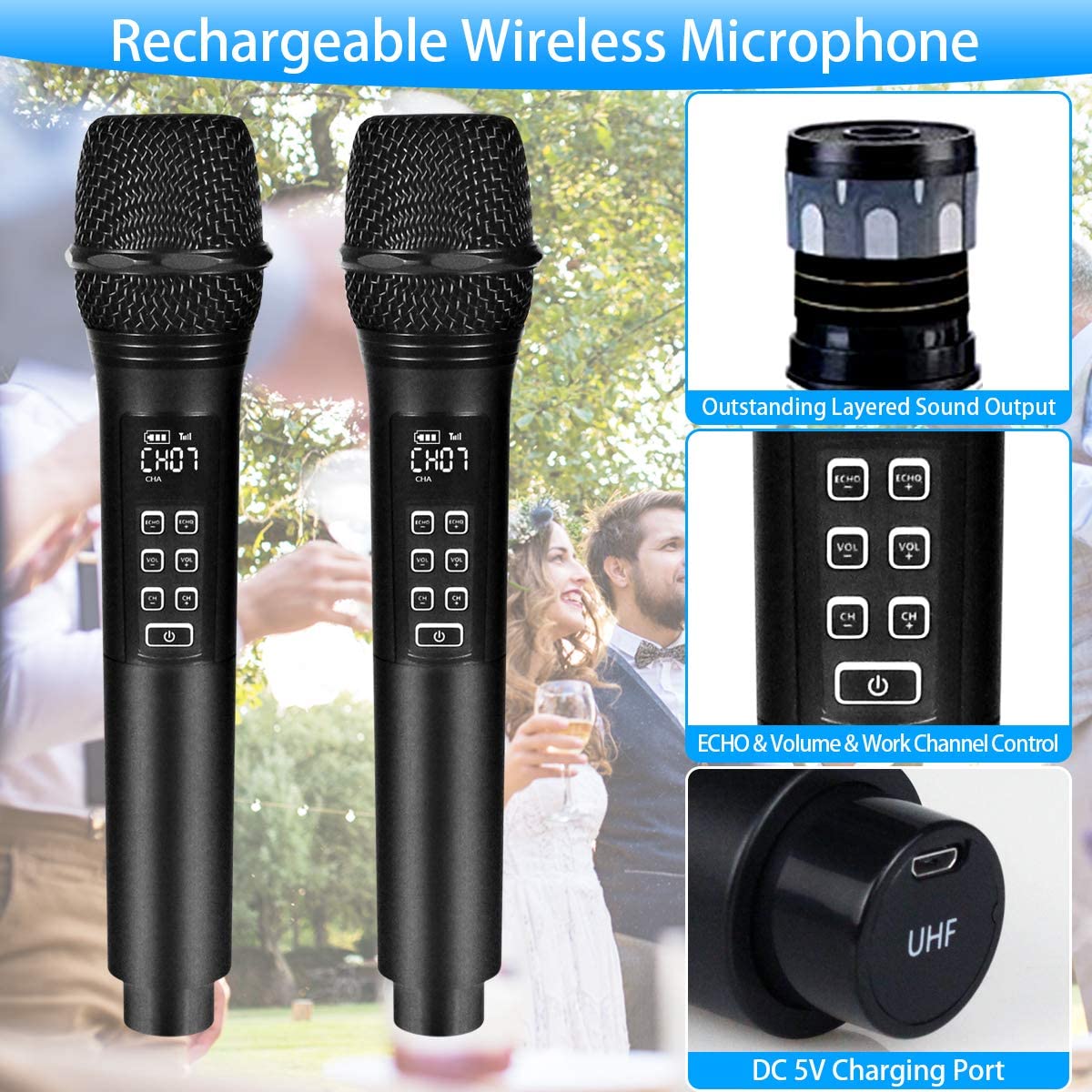 Kithouse Wireless Microphone Rechargeable Dual Microphones Karaoke Cordless Mic + Volume Control + Echo with Receiver