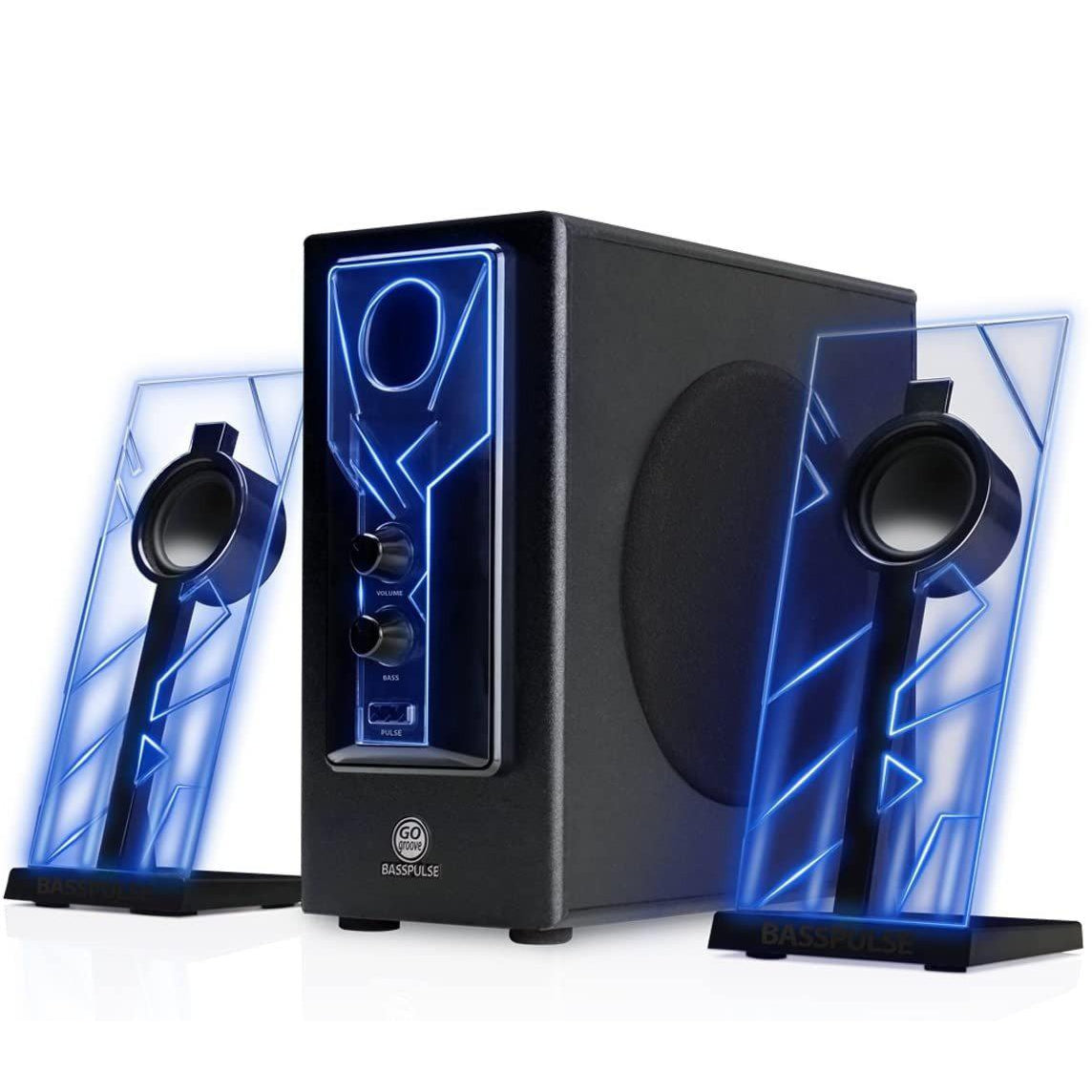GOgroove BassPULSE 2.1 LED Satellite Stereo PC Computer Gaming Speakers with Glow Lights, Bass Controls
