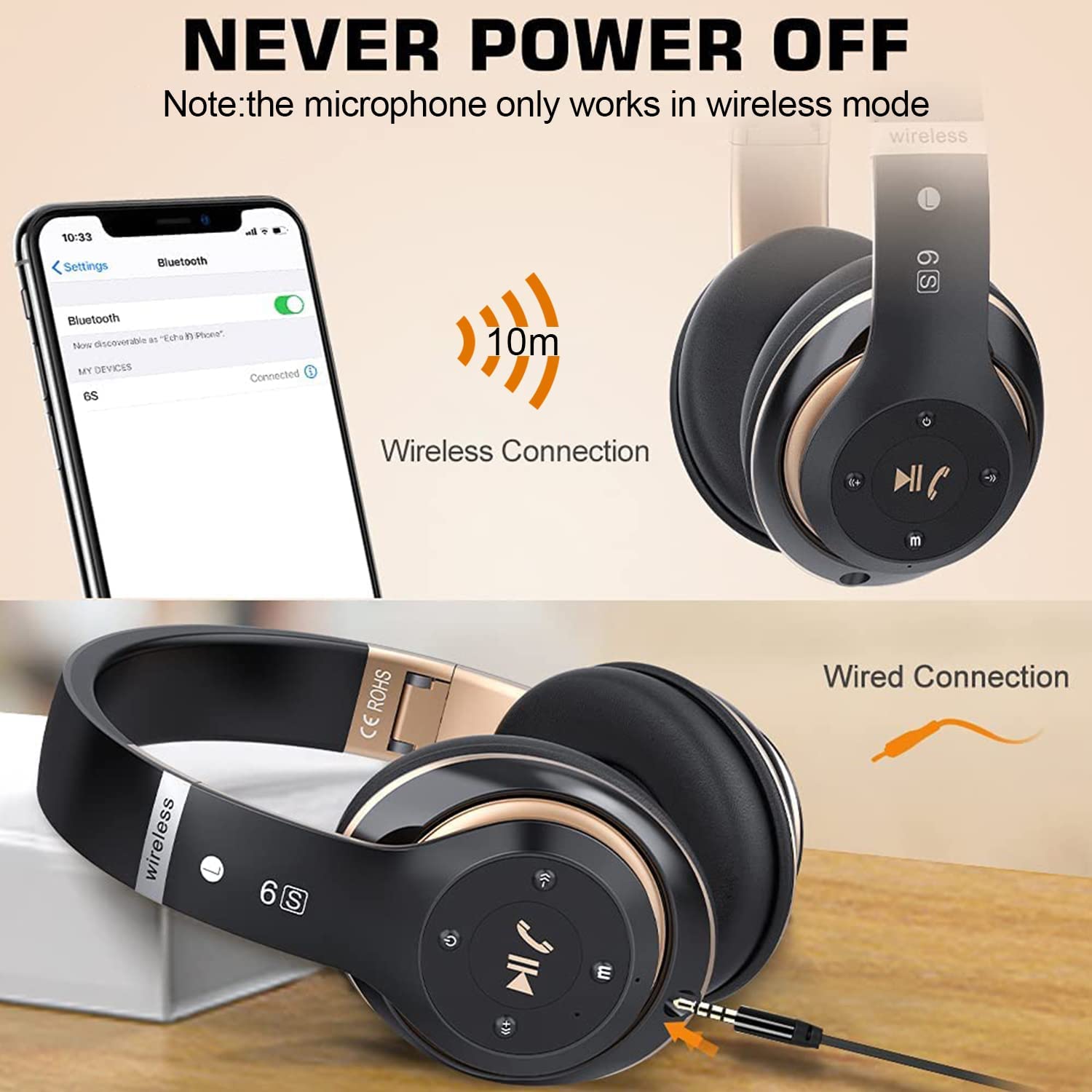 6S Stereo Folding Wireless Bluetooth Headphones - Black / Gold