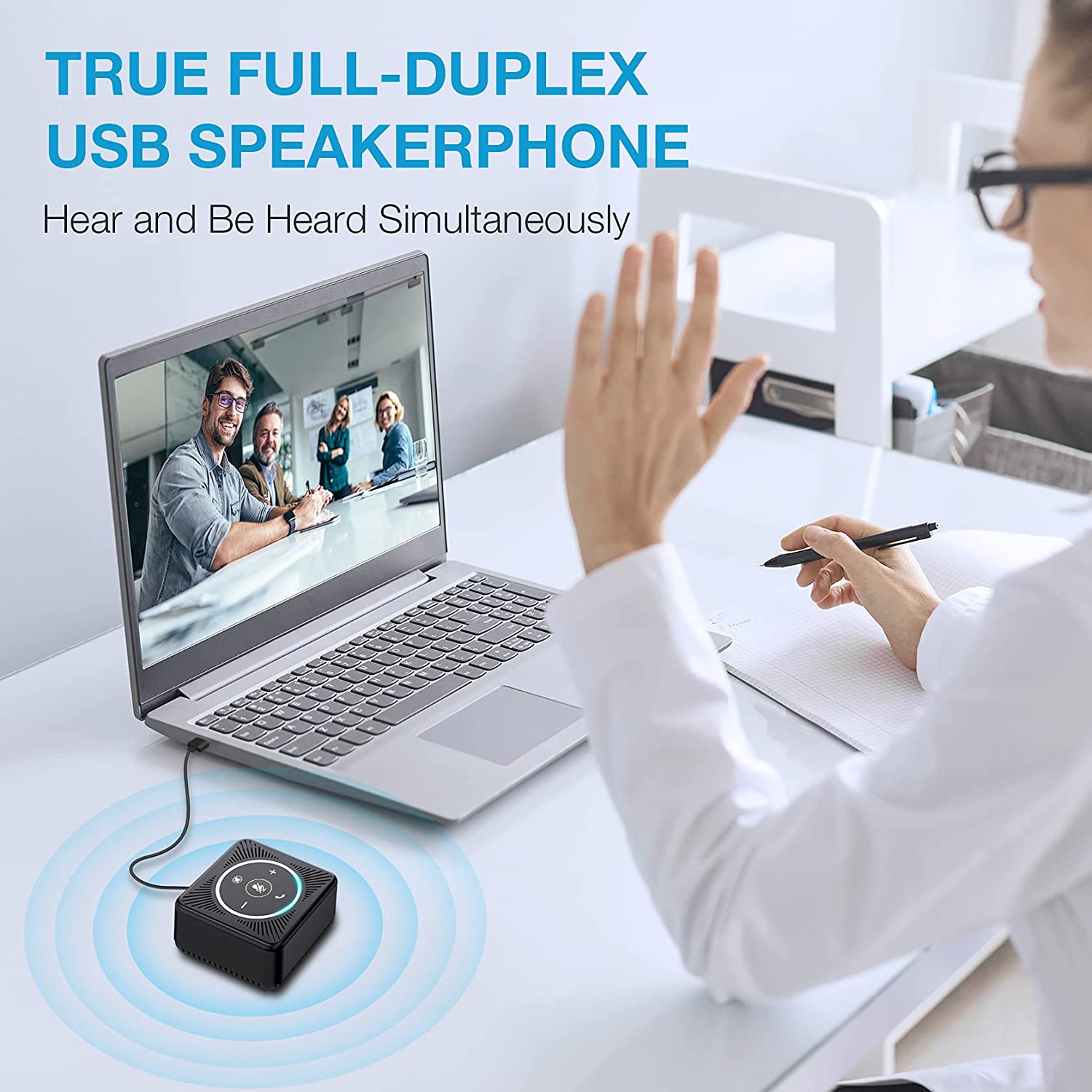 Emeet USB Speakerphone, M0 Conference Speaker for Small Business Conference with 4 People 360° Voice Pickup 4 AI Mics Speakerphone