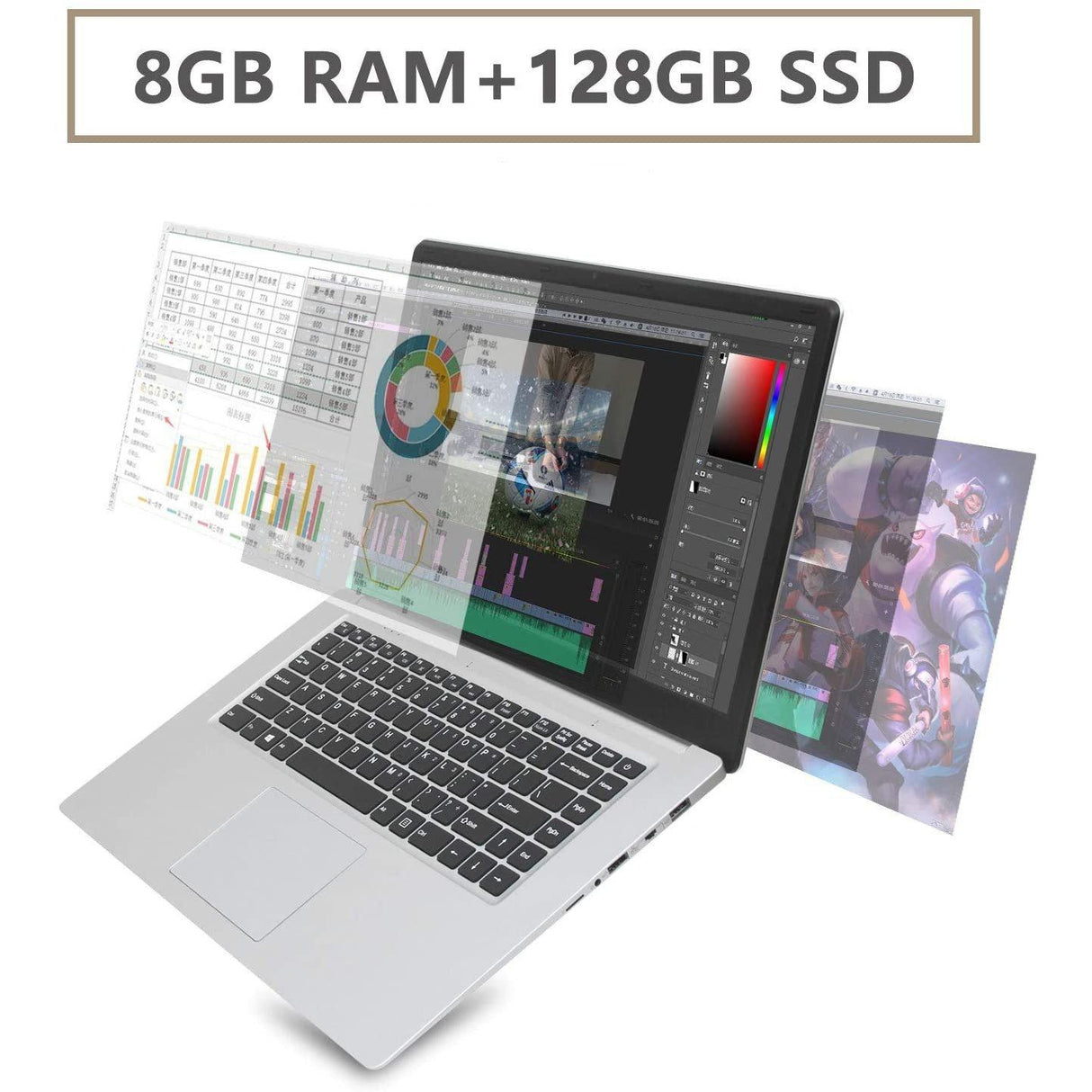 Laptop 15.6-inch 8GB Ram, 128GB / 256GB SSD, Intel Celeron J3455 Quad-core CPU, Windows 10 - Silver