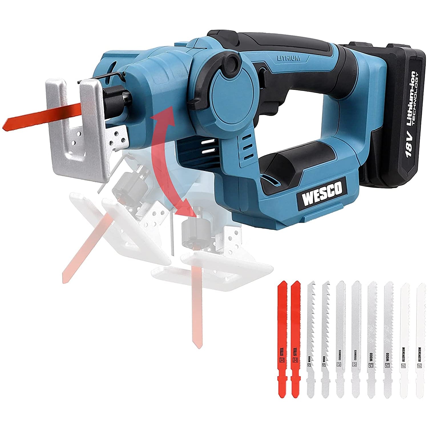 Wesco Cordless Jigsaw and Reciprocating Saw Multi-Function Saw 18V 2-in-1, 2.0Ah Li-ion Battery