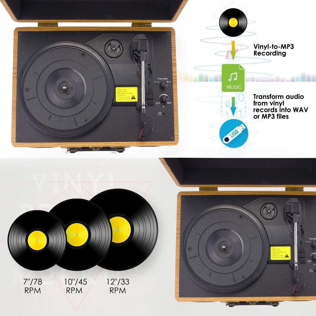 VIFLYKOO C5 Record Player Vinyl Turntable with 3-speed 33/45/78 RPM Bluetooth Vinyl LP Player