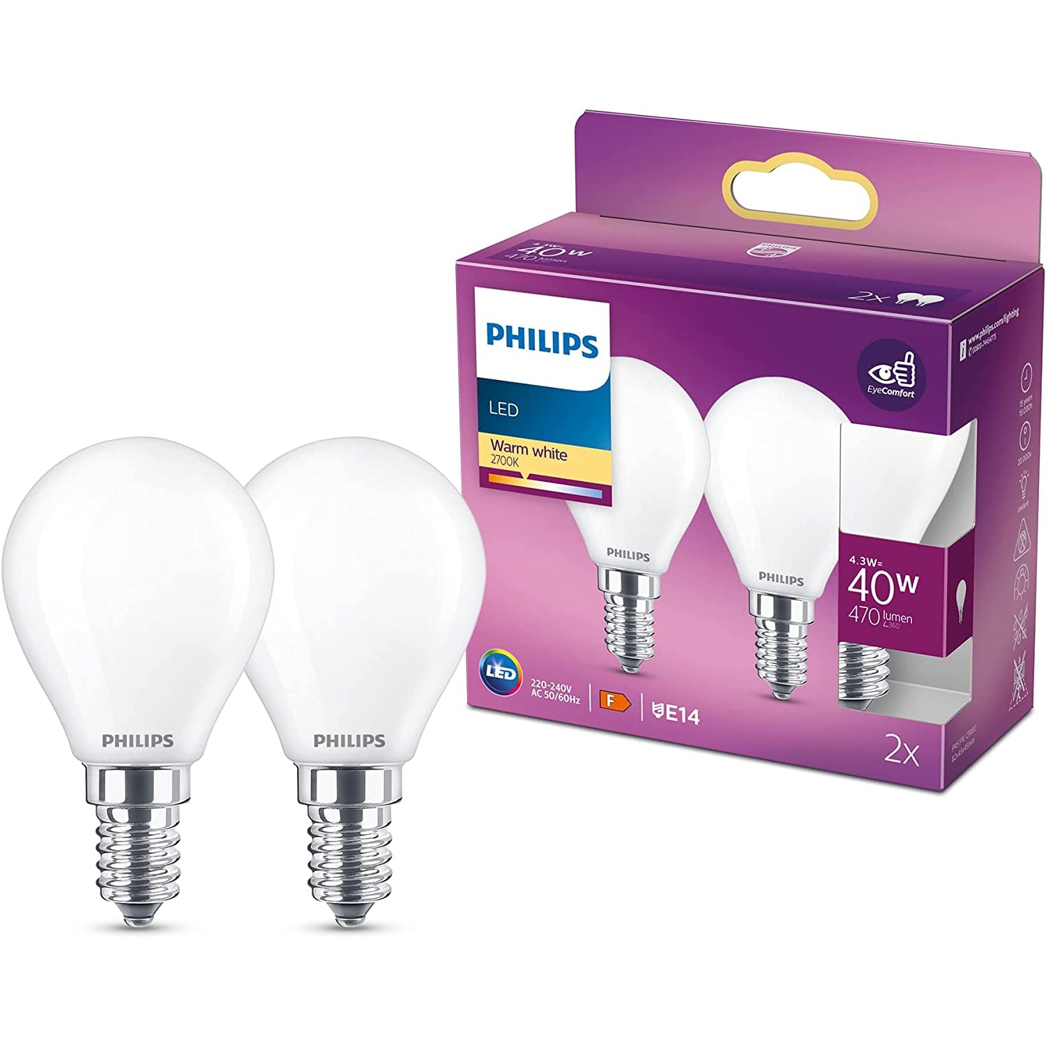 Philips LED Warm White 40W 470 Lumen LED Golf Ball Light Bulbs - 2 Pack