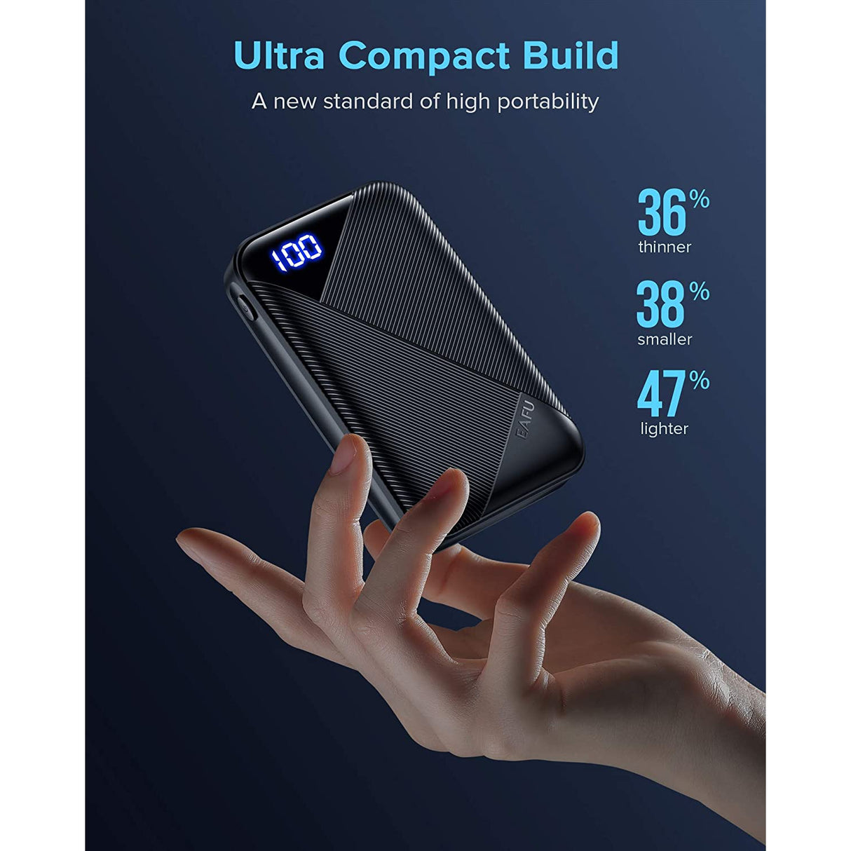 Eafu Portable Charger, Compact 10000mAh Dual 3A High Speed LED Display Power Bank, External Battery Pack with Flashlight