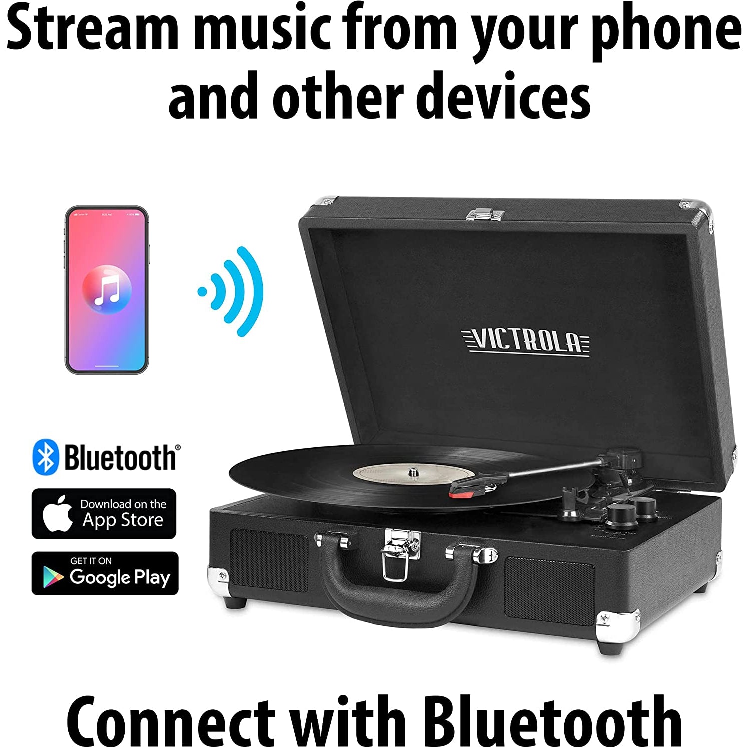 Victrola Bluetooth Portable Suitcase Record Player 3 Speed - Black
