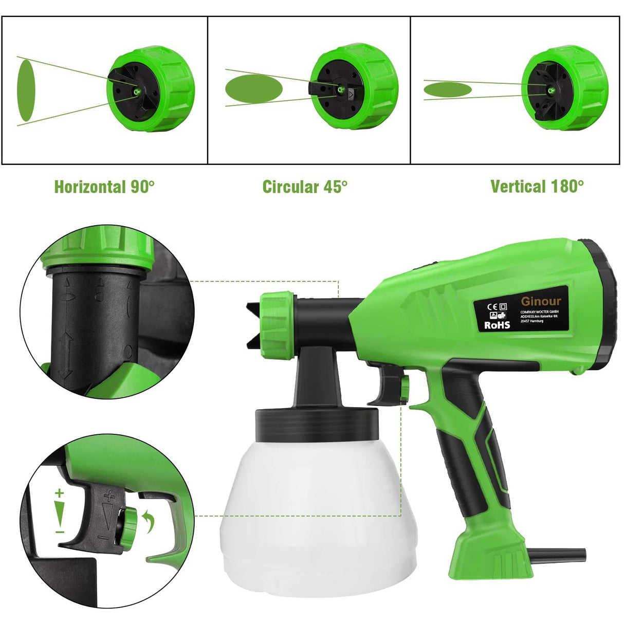 Ginour Fence Paint Sprayer with 3 Painting Modes, 4 Nozzle Sizes, 400W 1300ml Detachable Container