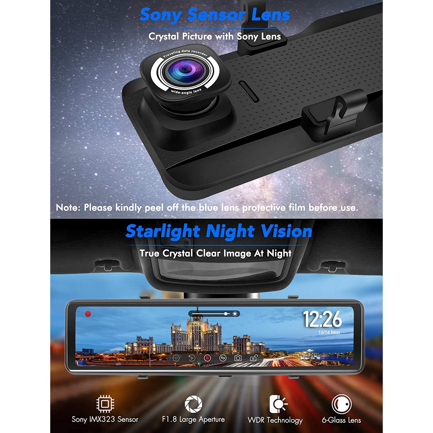 Pormido Smart Streaming Video Mirror Dash Cam 12" Reversing Camera