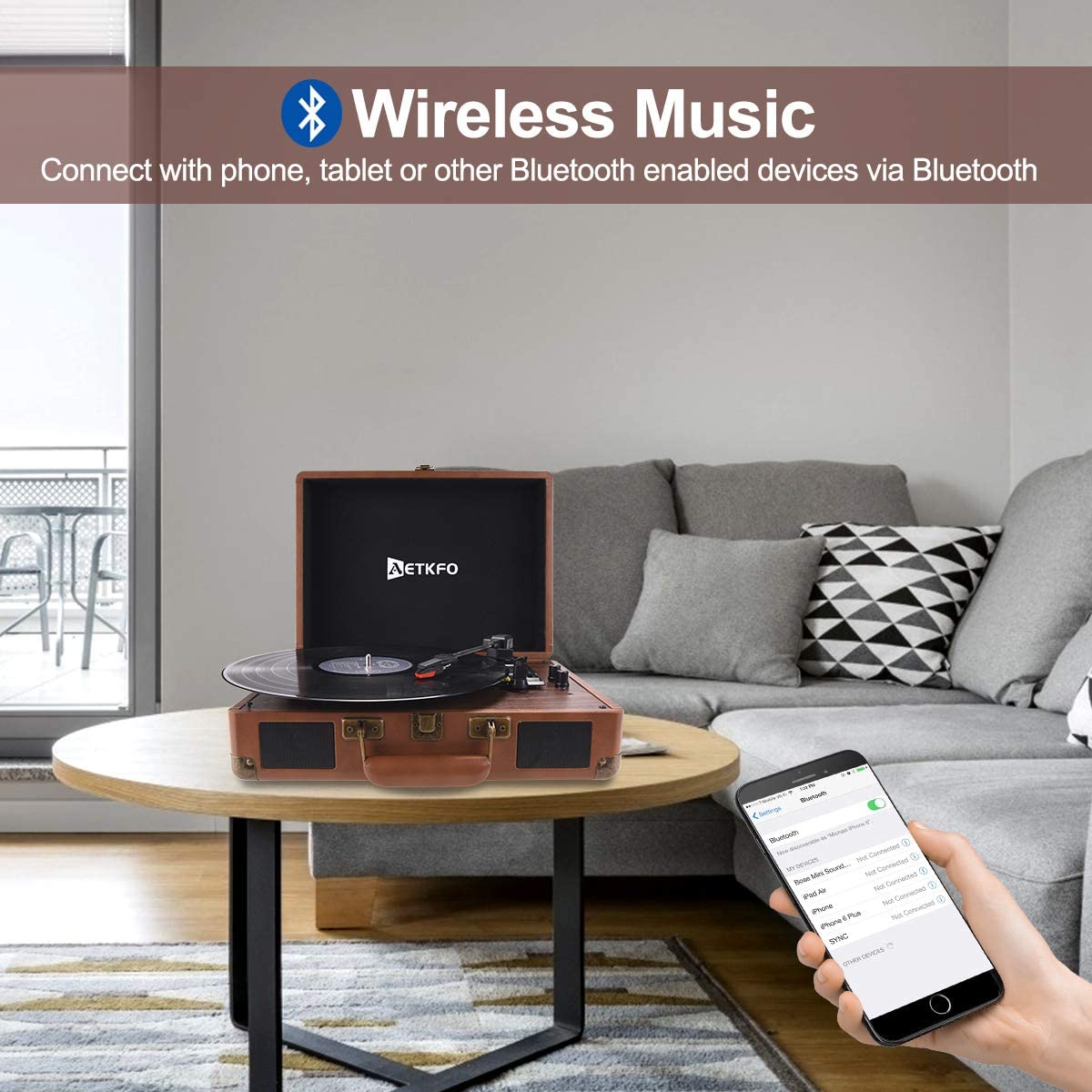 AETKFO Bluetooth Turntable 3-Speed Vinyl Record Player - Brown