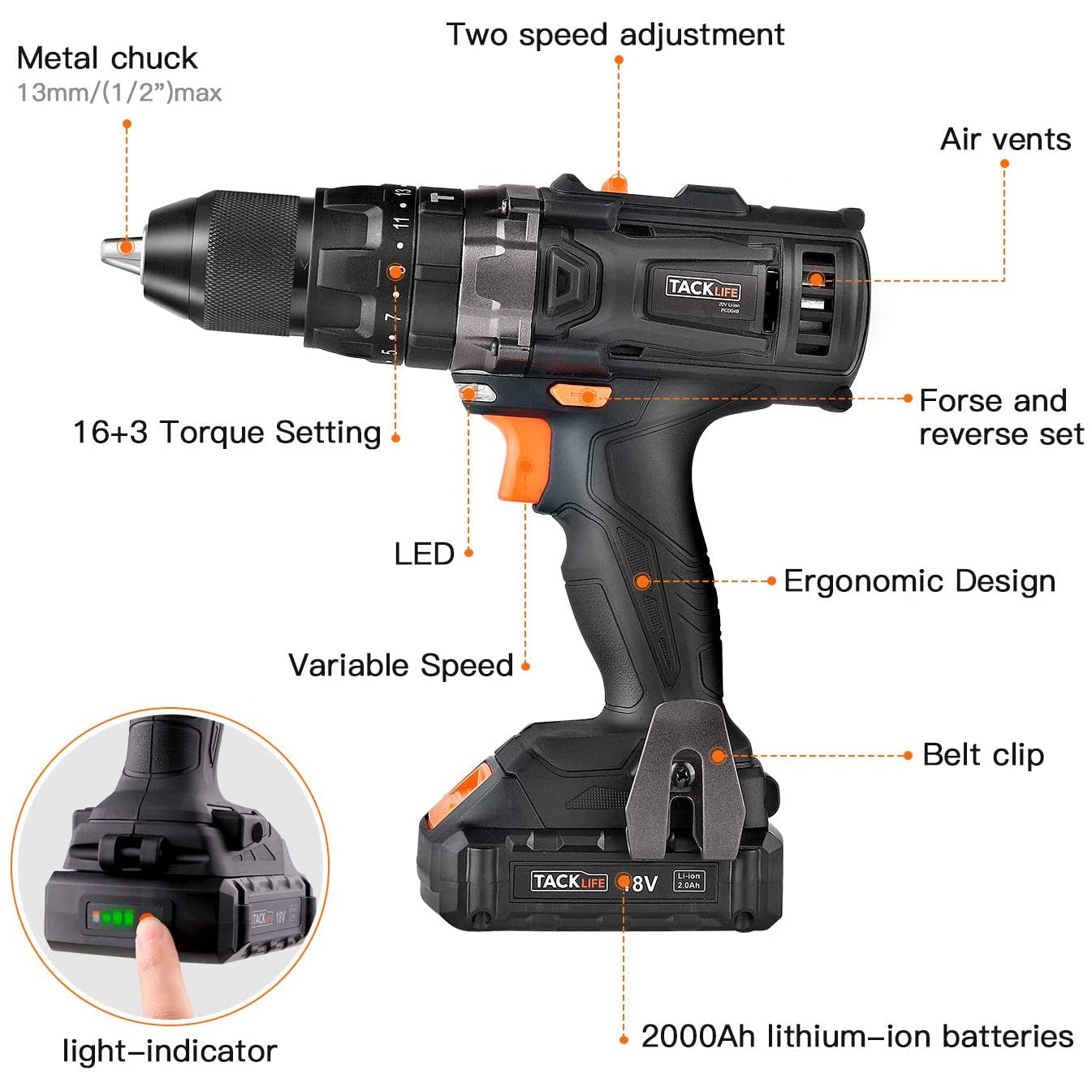 Tacklife PCD04B 20V MAX 2.0Ah Lithium-Ion 1/2" Cordless Drill with Hammer Function, 2-Speed Max Torque 310 In-lbs, 1 Hour Fast Charger