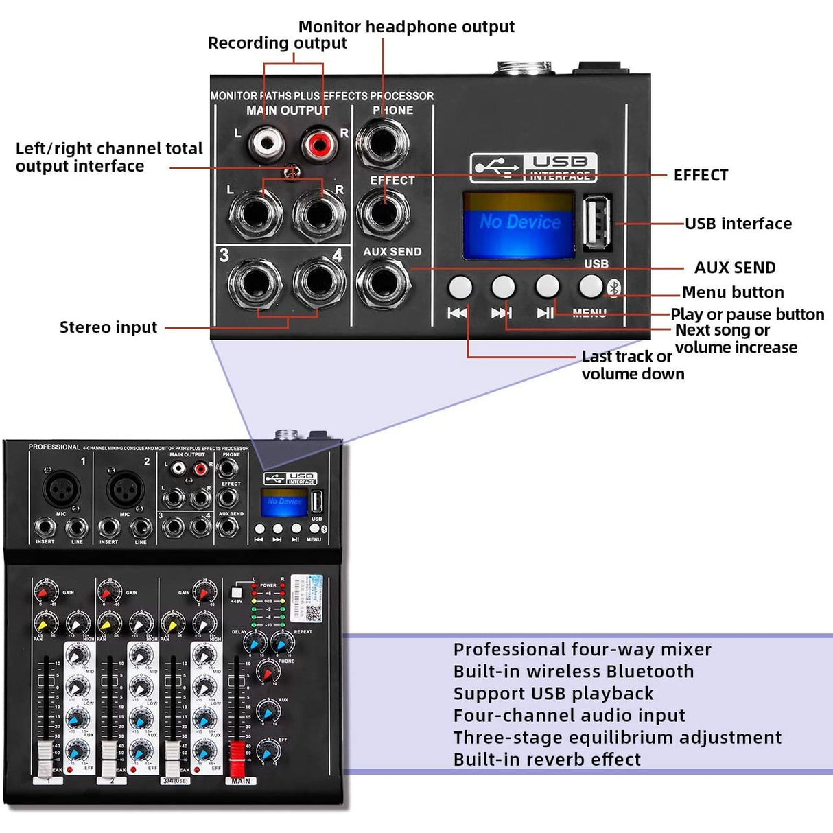 Depusheng HT4 Bluetooth Compatible Professional Portable Digital 4 Channel Mixer Audio Interface, Black