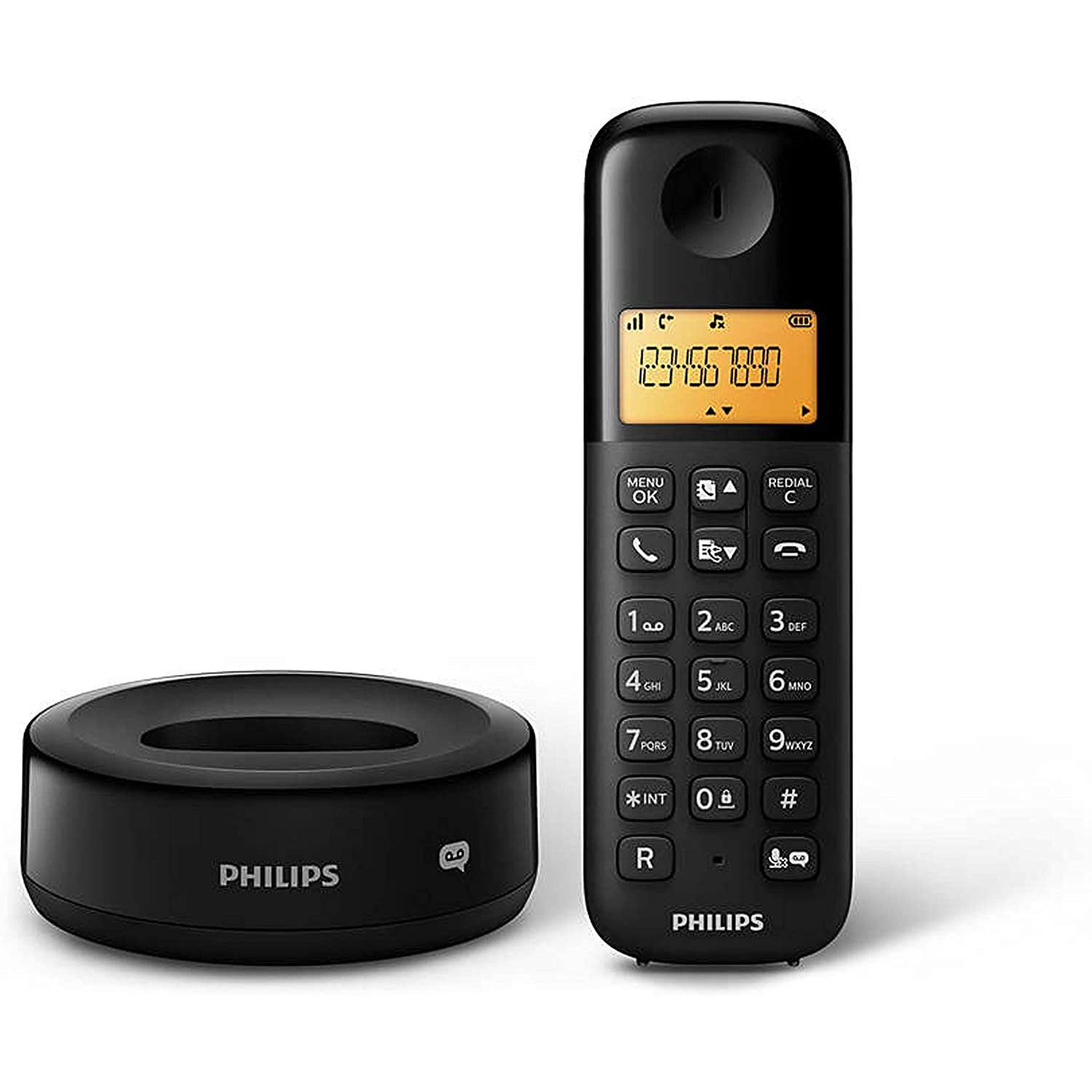 Philips D1652B Cordless DECT Landline Phone, Home Telephone with Answering Machine, Two Handsets - Black
