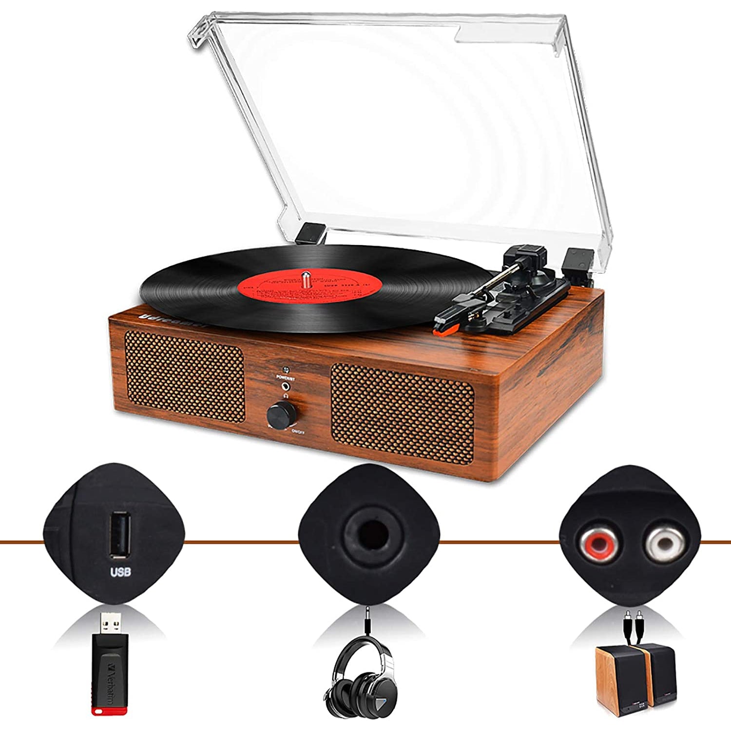 Udreamer Vinyl Record Player Bluetooth Turntable with Built-in Speakers, Brown / Claret