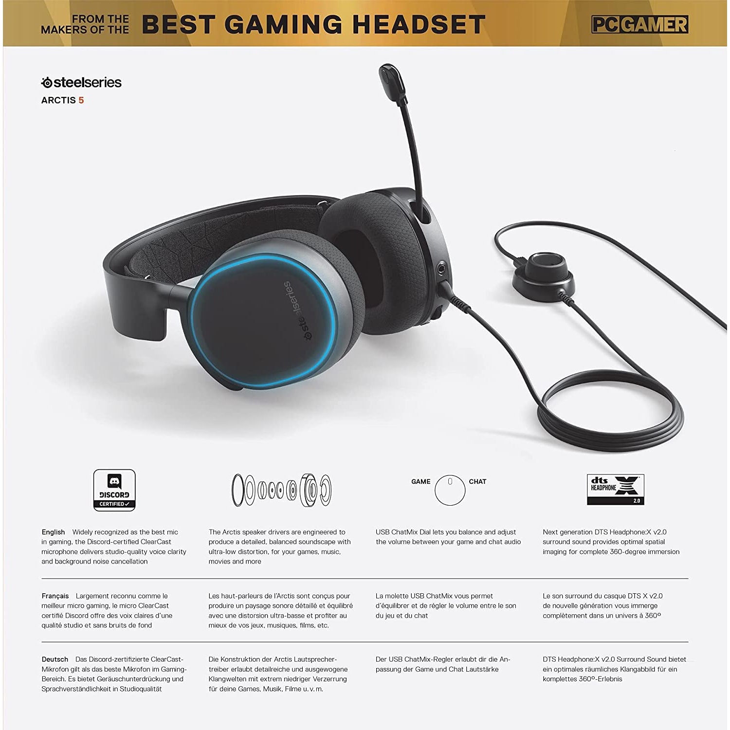 SteelSeries Arctis 5 Gaming Headset, RGB Illumination, PC and PlayStation, Black