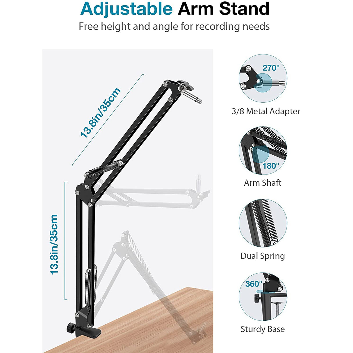 InnoGear Adjustable Microphone Stand with Mic Pop Filter, Universal Mic Clip, 3/8'' to 5/8'' Screw Adapter, Microphone Windscreen