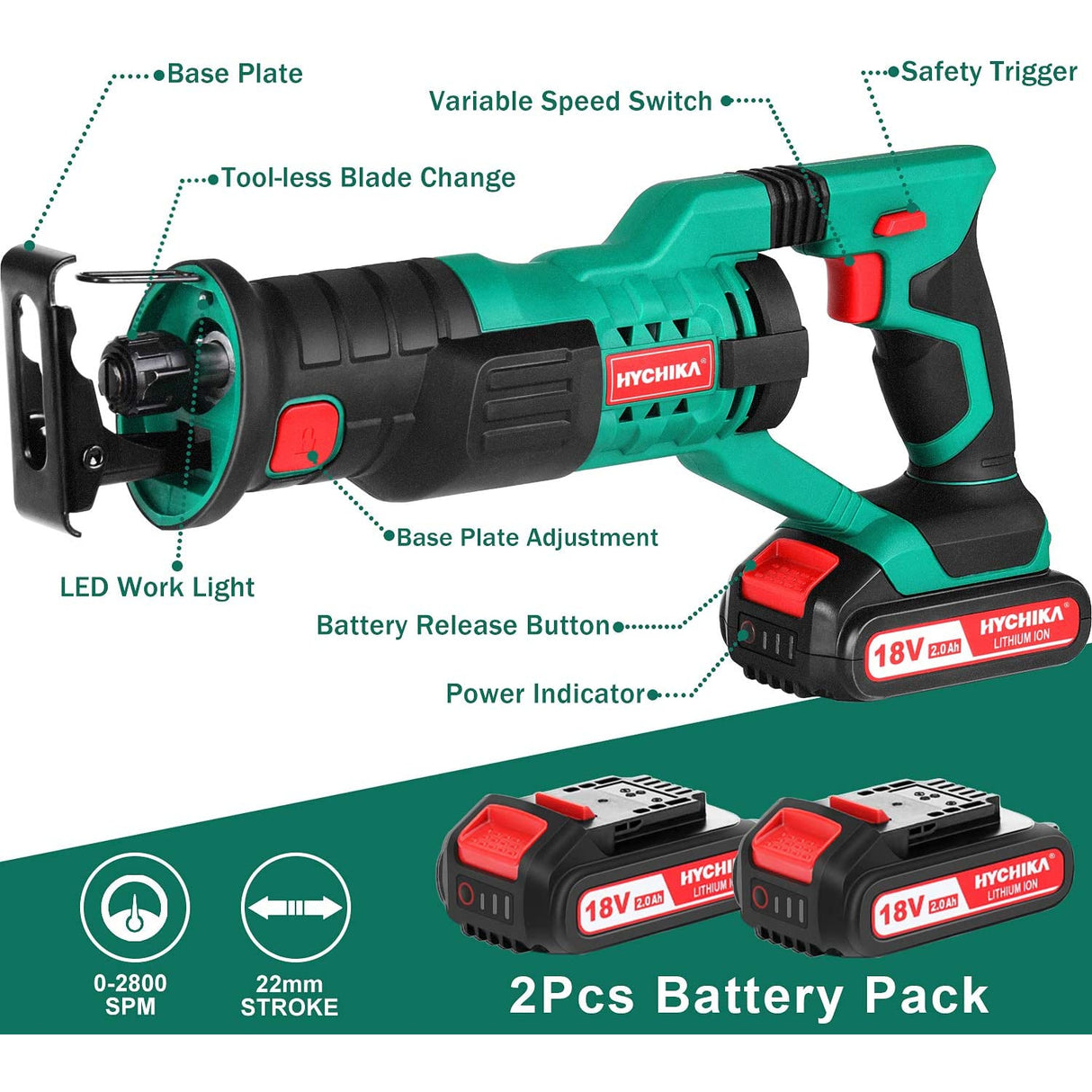 Hychika 18V Cordless Saw with 2x2000mAh Batteries, 0-2800rpm