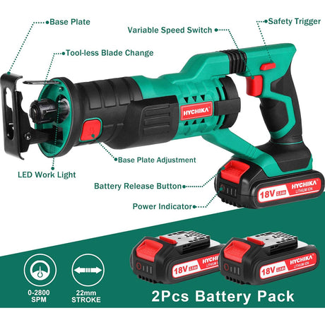 Hychika 18V Cordless Saw with 2x2000mAh Batteries, 0-2800rpm Variable Speed Electric Saw, 4 PCS Saw Blades, 1 Hour Fast Charger, LED Light