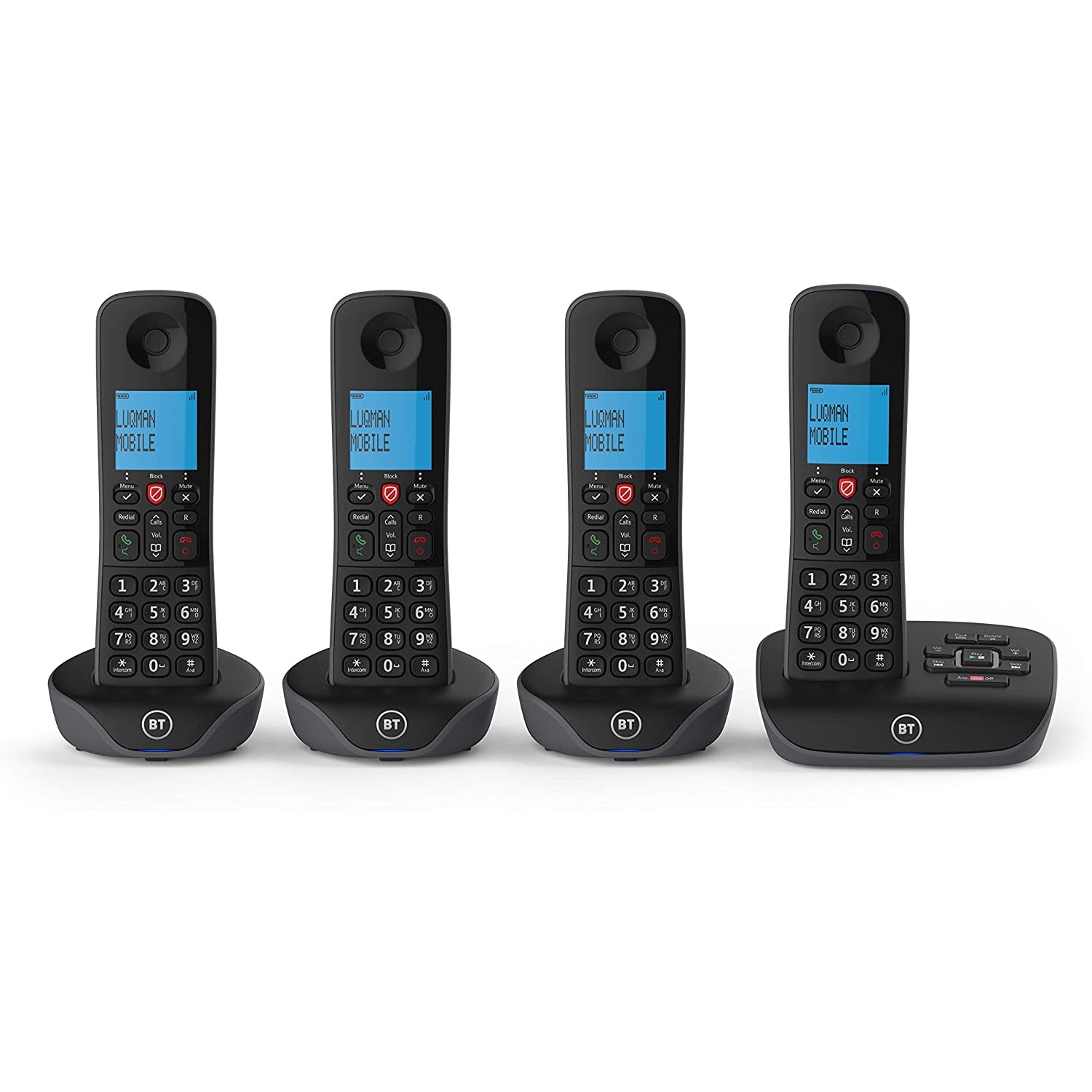 BT 90660 Essential Cordless Home Phone with Nuisance Call Blocking and Answering Machine, Quad Handset Pack, Black