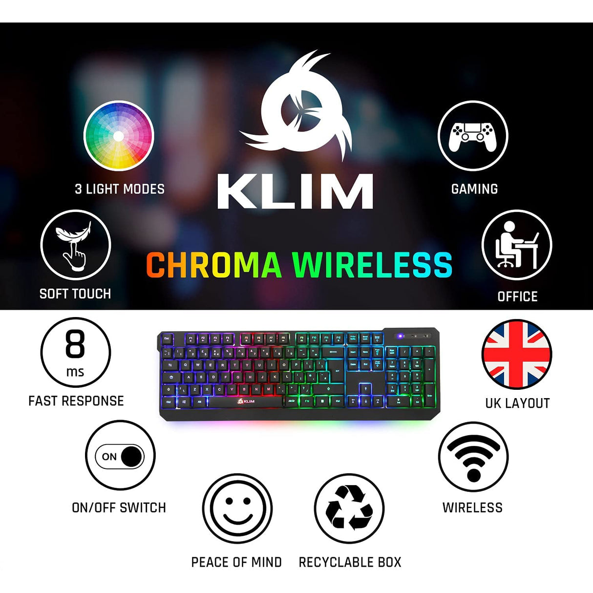 KLIM Chroma Wireless Gaming Keyboard UK Layout