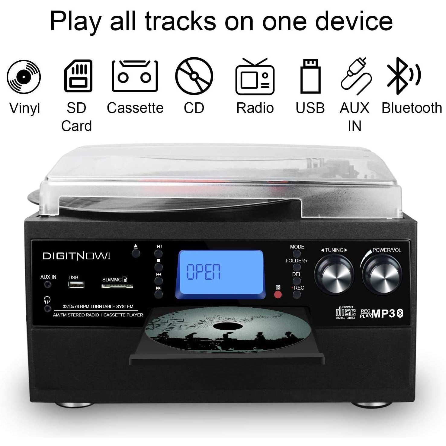 DIGITNOW! Bluetooth Vinyl Record Player Turntable, CD, Cassette, AM/FM Radio and Aux in with USB Port & SD Encoding - Black