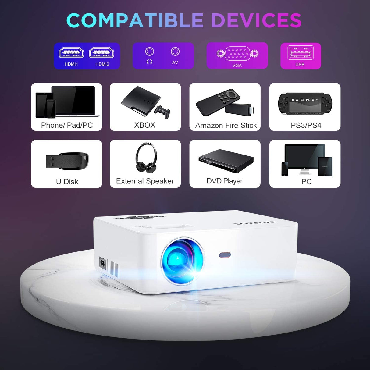 Wimius S2 WiFi Projector, 6200 Lumens Wireless Mirroring Portable Projector (White/Black)