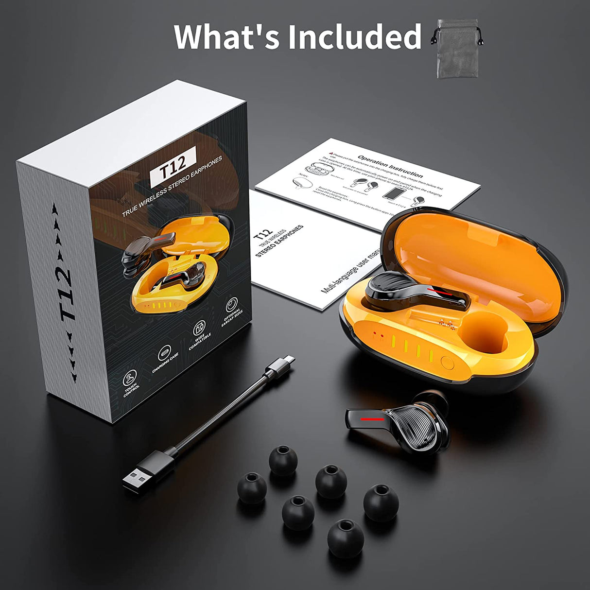 T12 True Wireless Stereo Headphones - Orange / Black