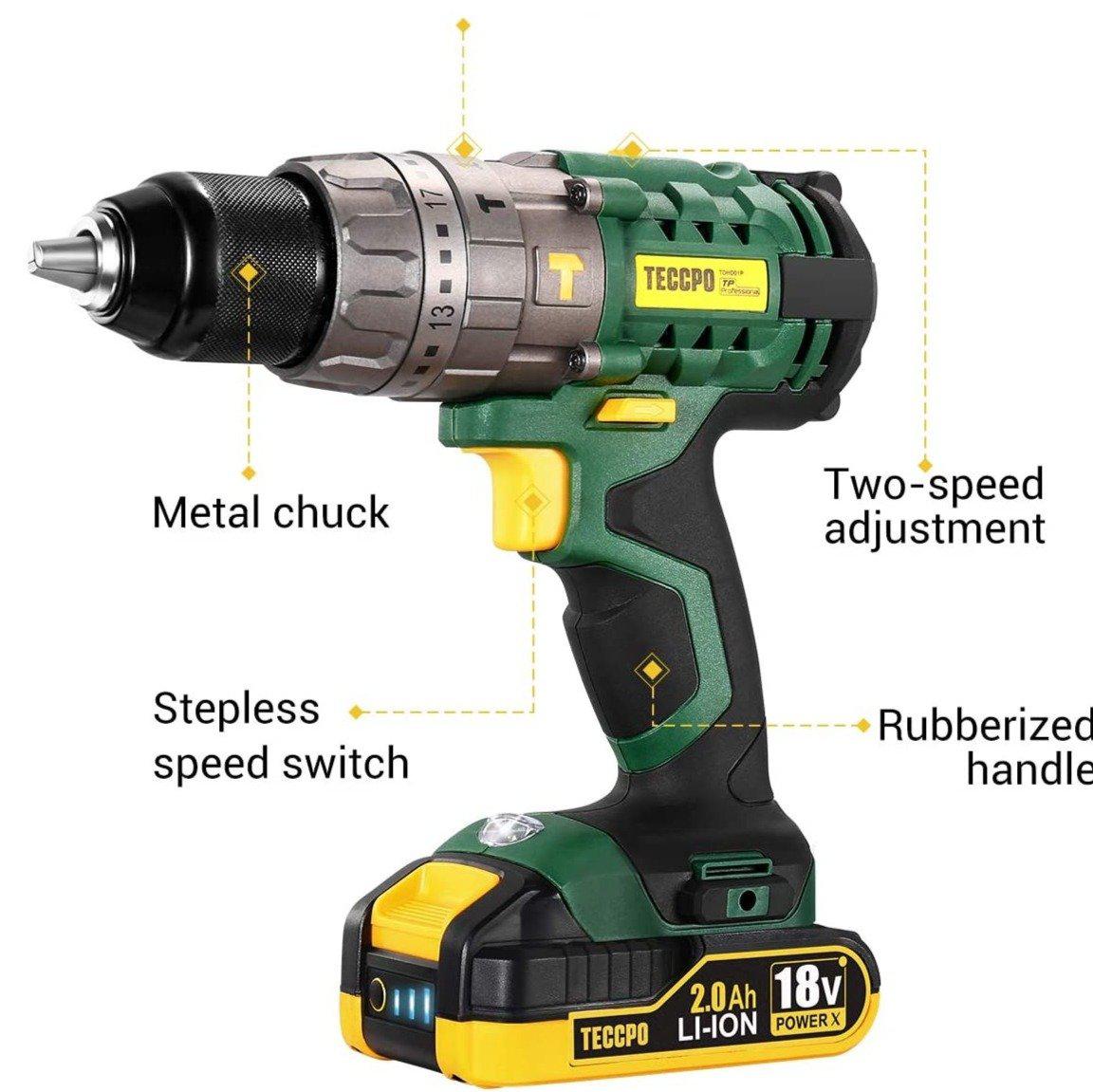 Teccpo Cordless Brushless Drill 60 Nm, 18 V, 13 mm Chuck, 30 Minute Fast Charger, Variable Speed