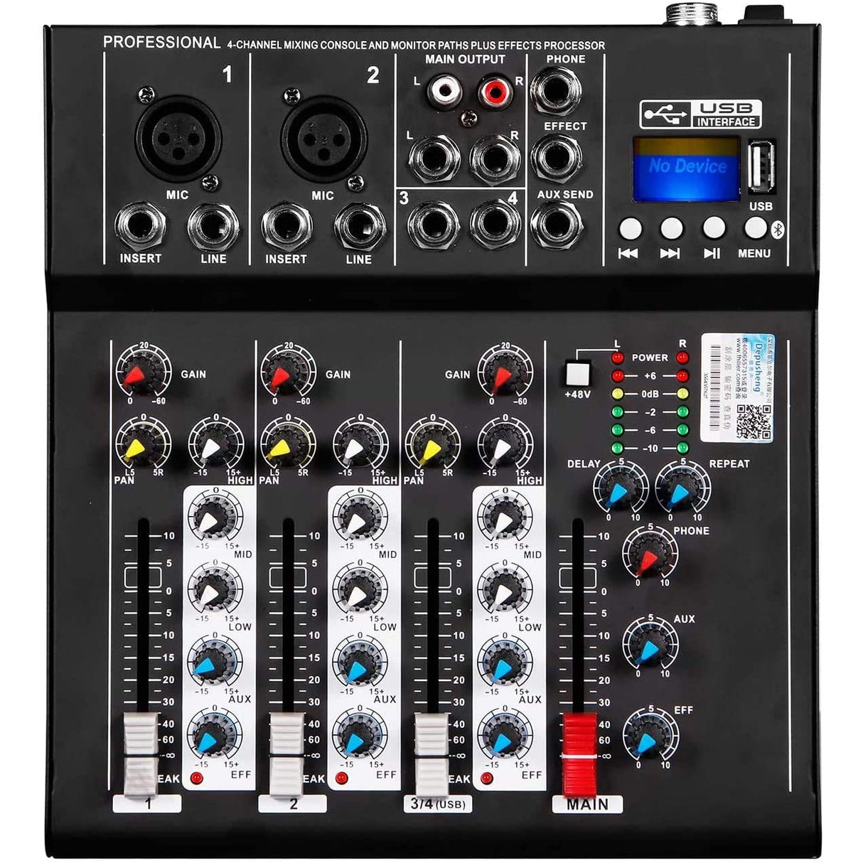 Depusheng HT4 Bluetooth Compatible Professional Portable Digital 4 Channel Mixer Audio Interface, Black