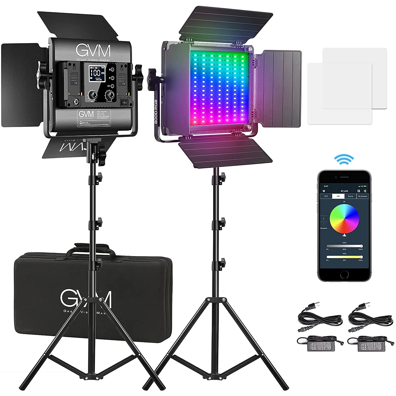 GVM Led Video Light, RGB LED Lighting Kit with APP Control, 800D Photography Lighting with Stand, 2 Packs LED Panel for Video Studio Photography
