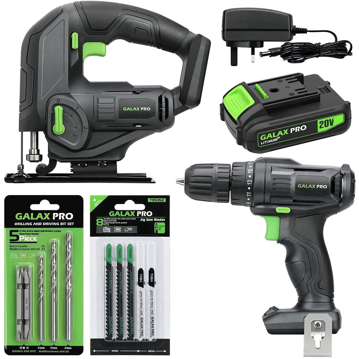 Galax Pro T0111 Cordless Power Tool Kit, 20N.m Single Speed Drill Driver 20V, Cordless Pendulum Jig Saw 0-2500SPM