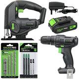 Galax Pro T0111 Cordless Power Tool Kit, 20N.m Single Speed Drill Driver 20V, Cordless Pendulum Jig Saw 0-2500SPM