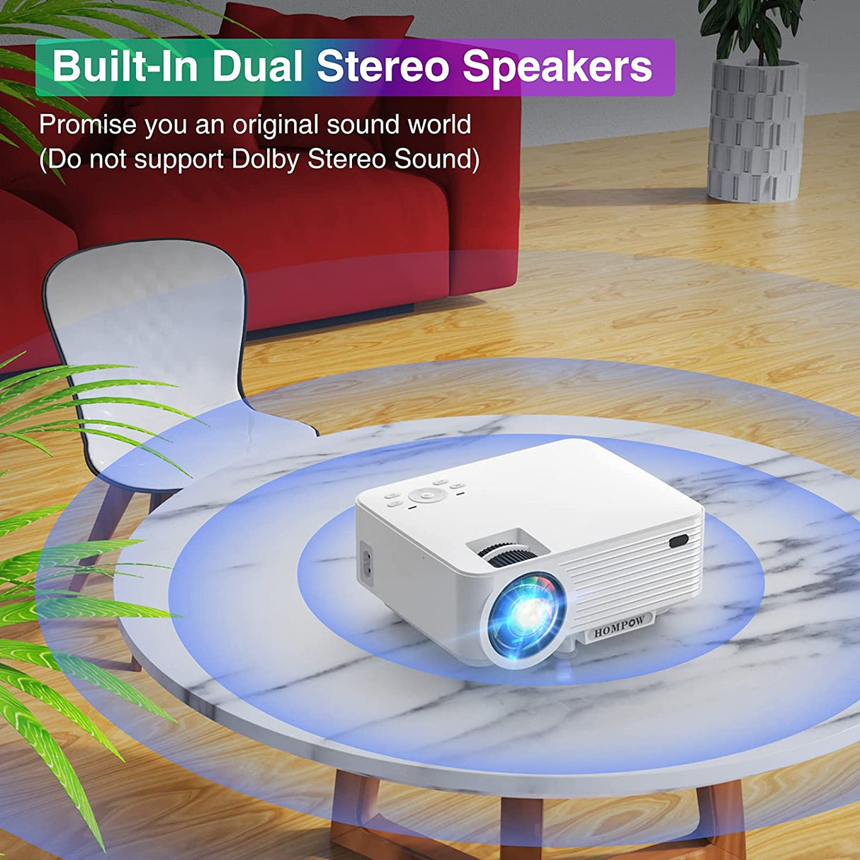 Hompow T25 Mini Projector, Portable Video Projector with 6000 Lux, 1080P Supported, 240" Display