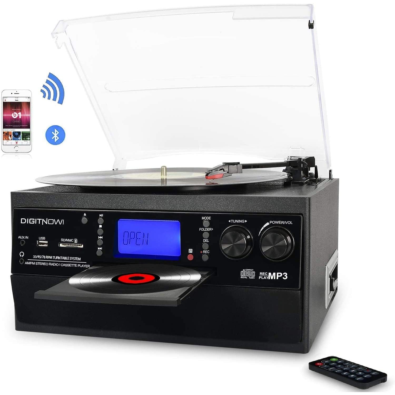 DIGITNOW! Bluetooth Vinyl Record Player Turntable, CD, Cassette, AM/FM Radio and Aux in with USB Port & SD Encoding - Black