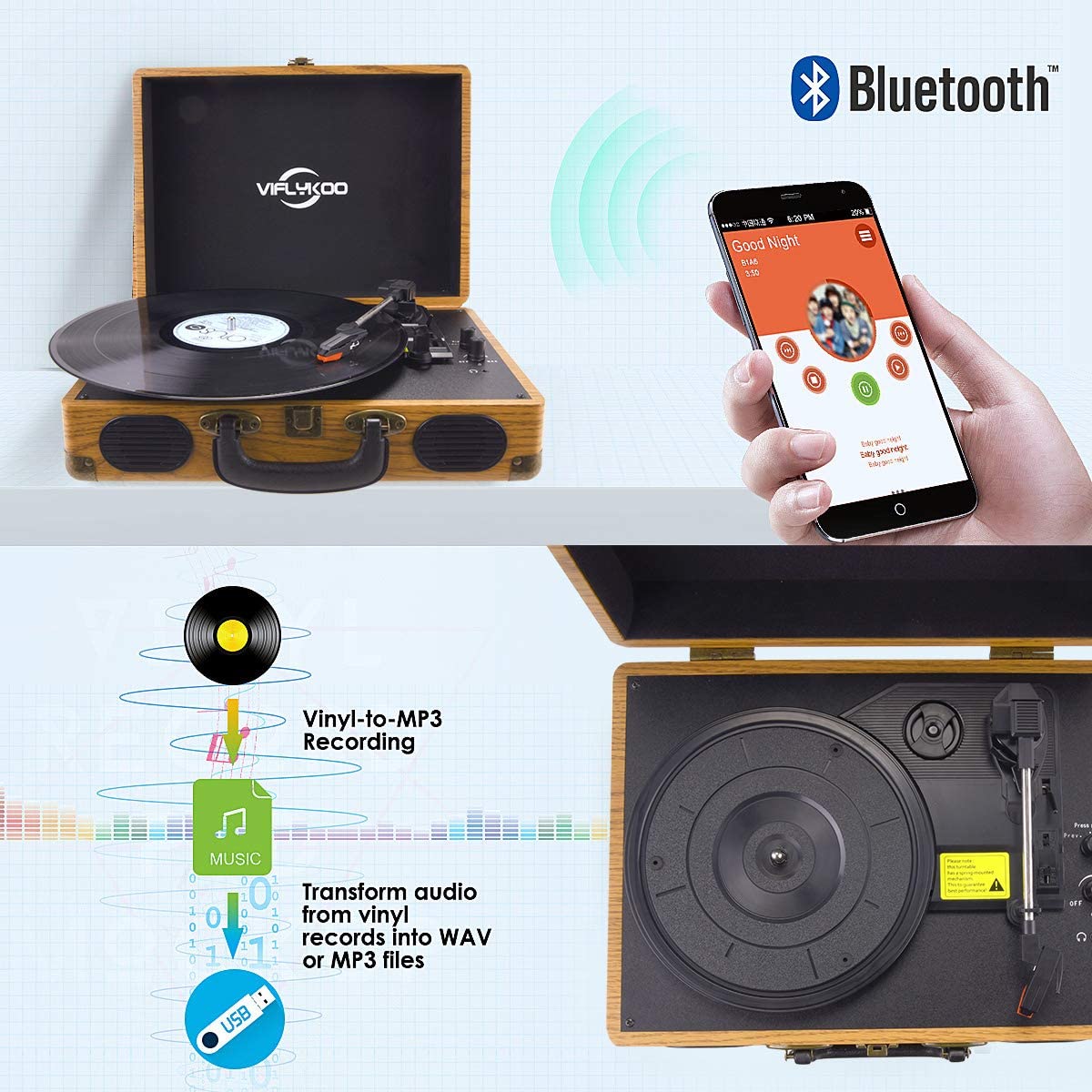 VIFLYKOO C5 Record Player Vinyl Turntable with 3-speed 33/45/78 RPM Bluetooth Vinyl LP Player